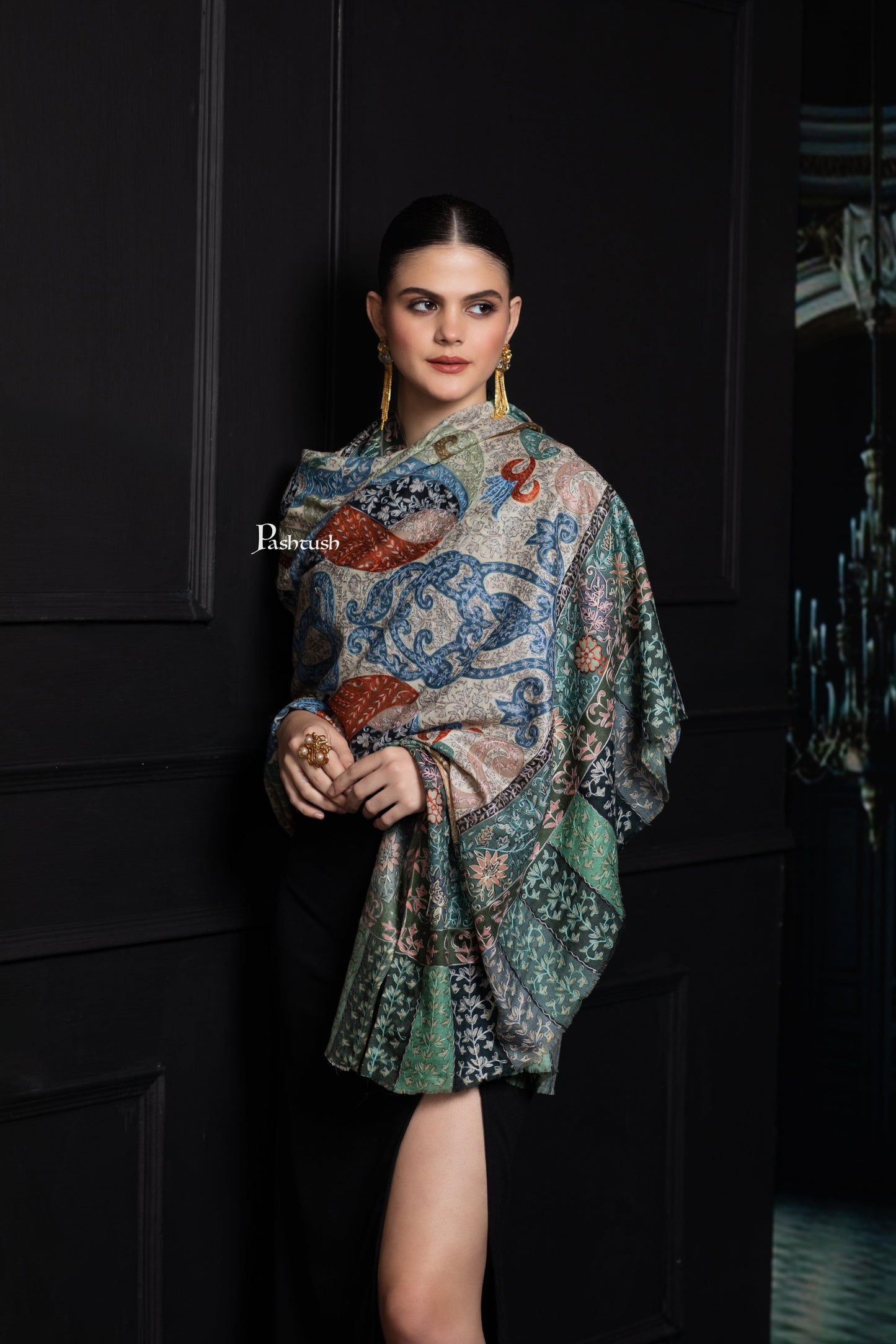 Pashtush India Womens Shawls Pashtush Womens Extra Fine Wool Shawl, Hand Embroidered Kalamkari Design, Light Pastels