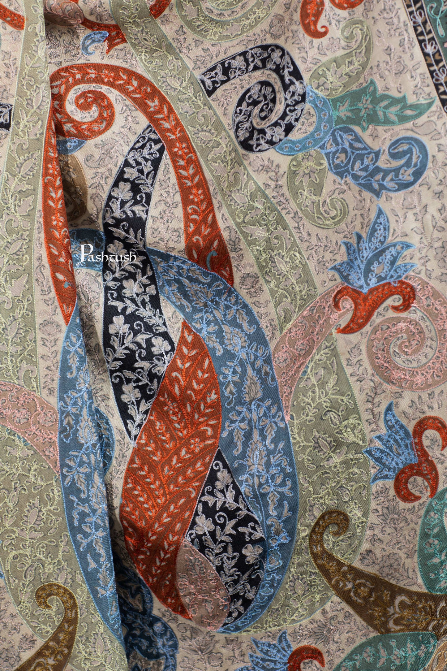 Pashtush India Womens Shawls Pashtush Womens Extra Fine Wool Shawl, Hand Embroidered Kalamkari Design, Light Pastels