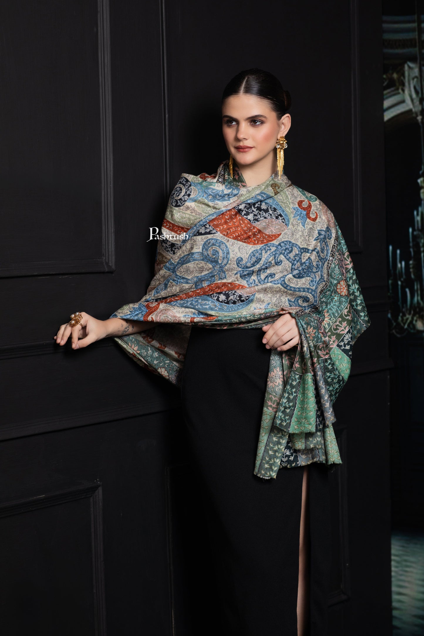 Pashtush India Womens Shawls Pashtush Womens Extra Fine Wool Shawl, Hand Embroidered Kalamkari Design, Light Pastels