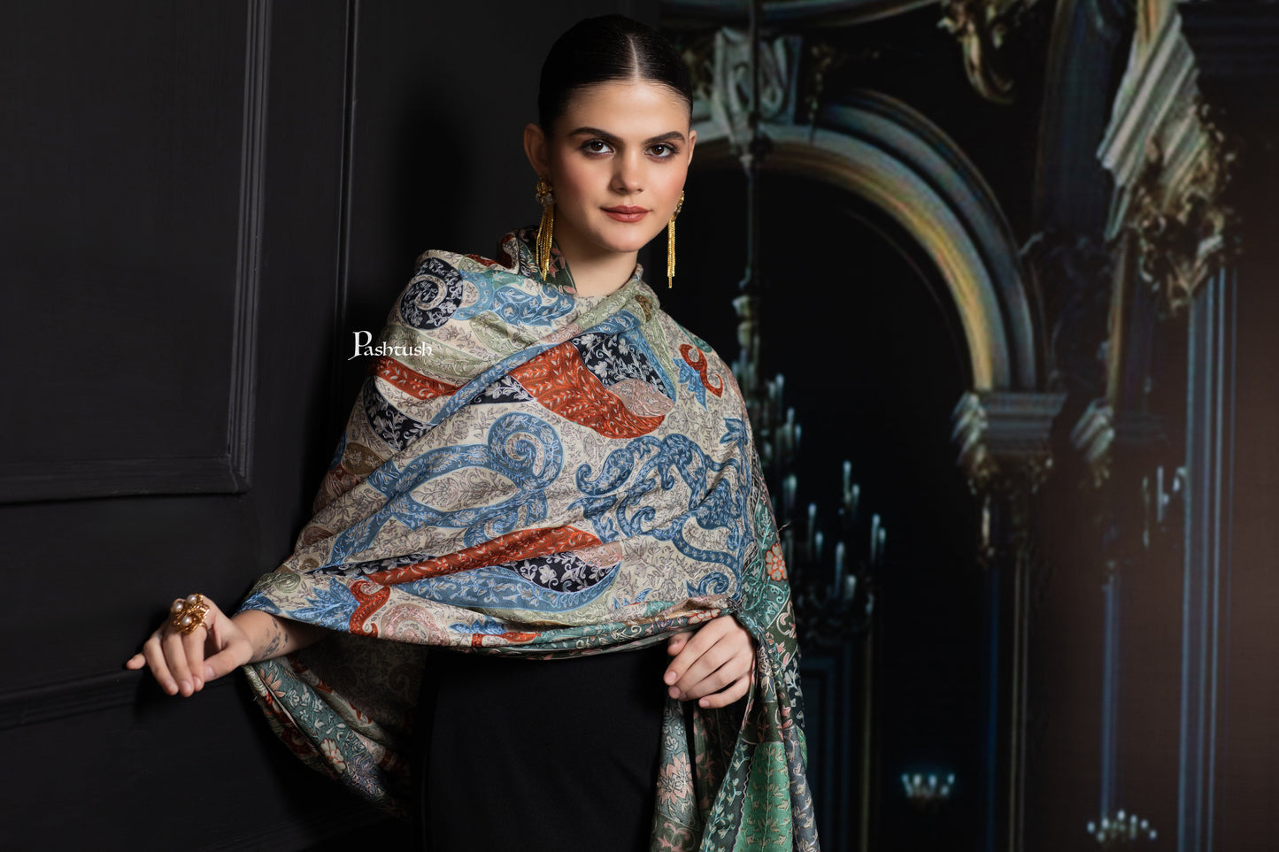 Pashtush India Womens Shawls Pashtush Womens Extra Fine Wool Shawl, Hand Embroidered Kalamkari Design, Light Pastels