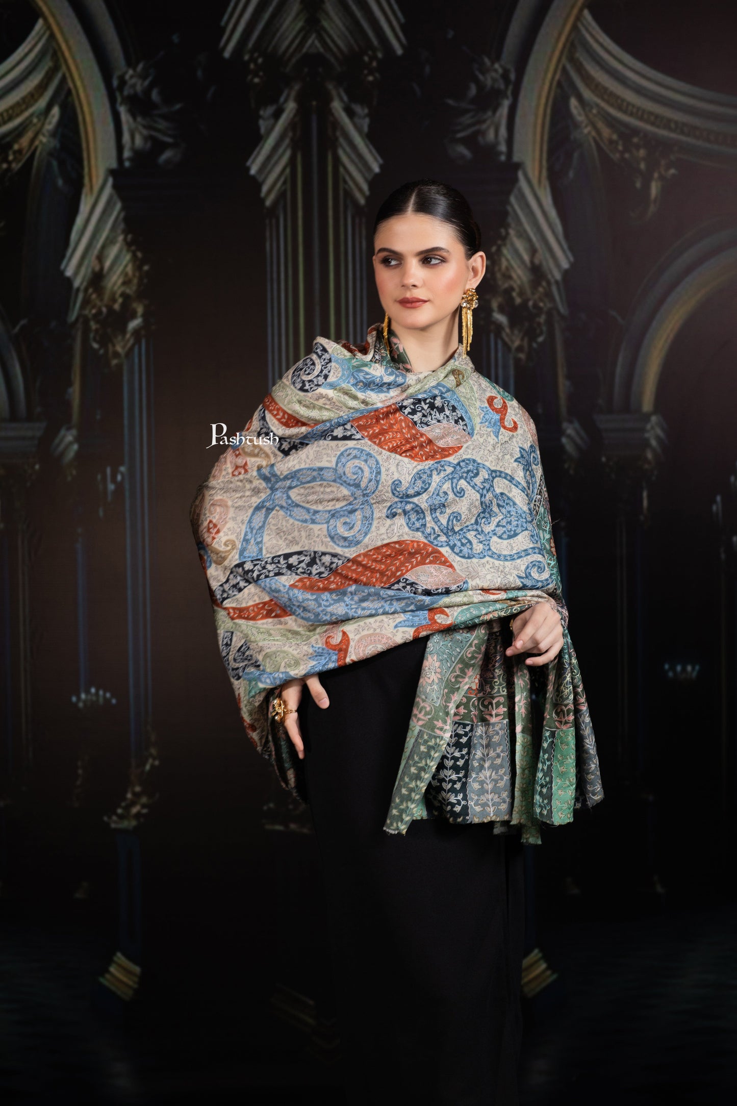 Pashtush India Womens Shawls Pashtush Womens Extra Fine Wool Shawl, Hand Embroidered Kalamkari Design, Light Pastels