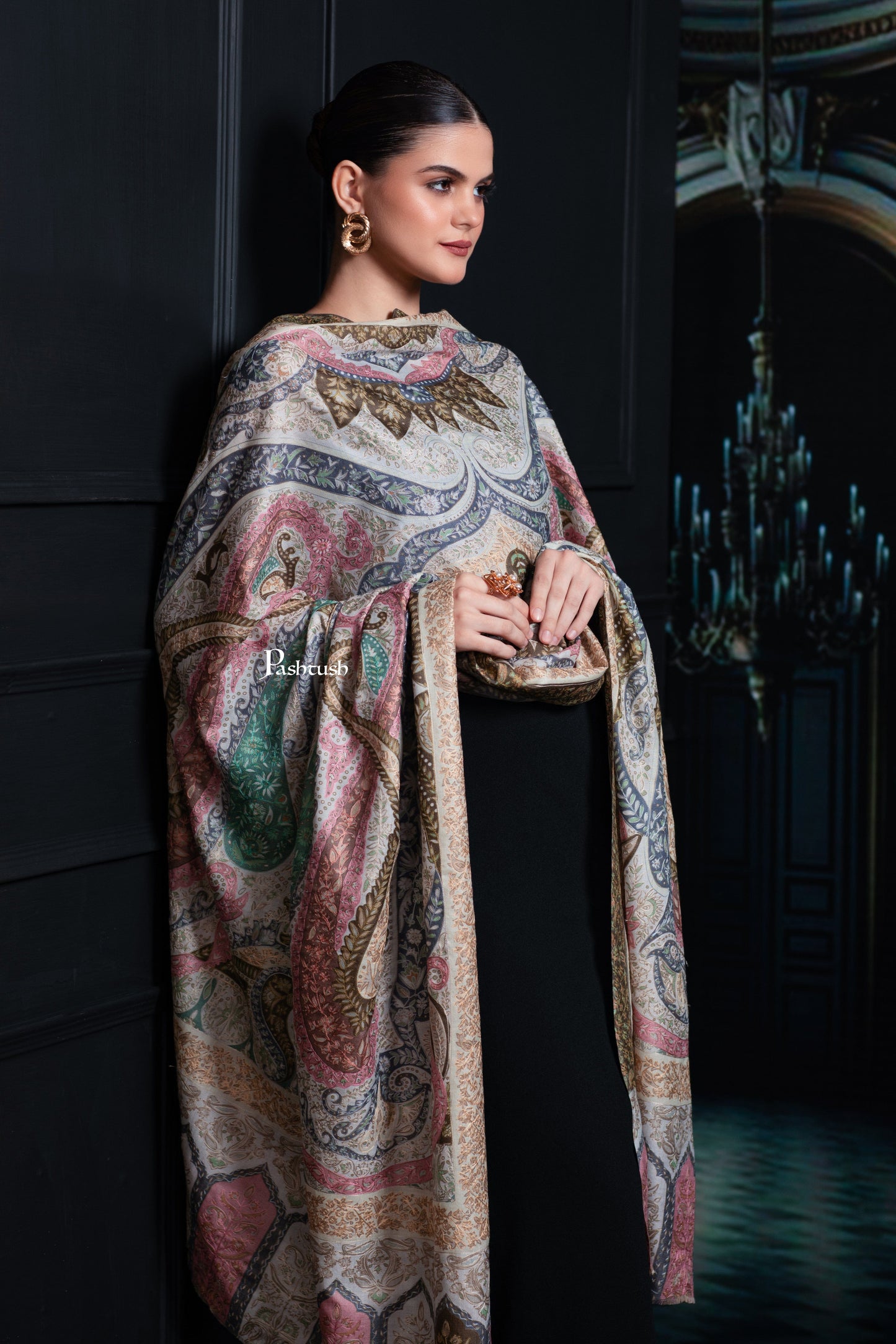 Pashtush India Womens Shawls Pashtush Womens Extra Fine Wool Shawl, Hand Embroidered Kalamkari Design, Soft Pastels