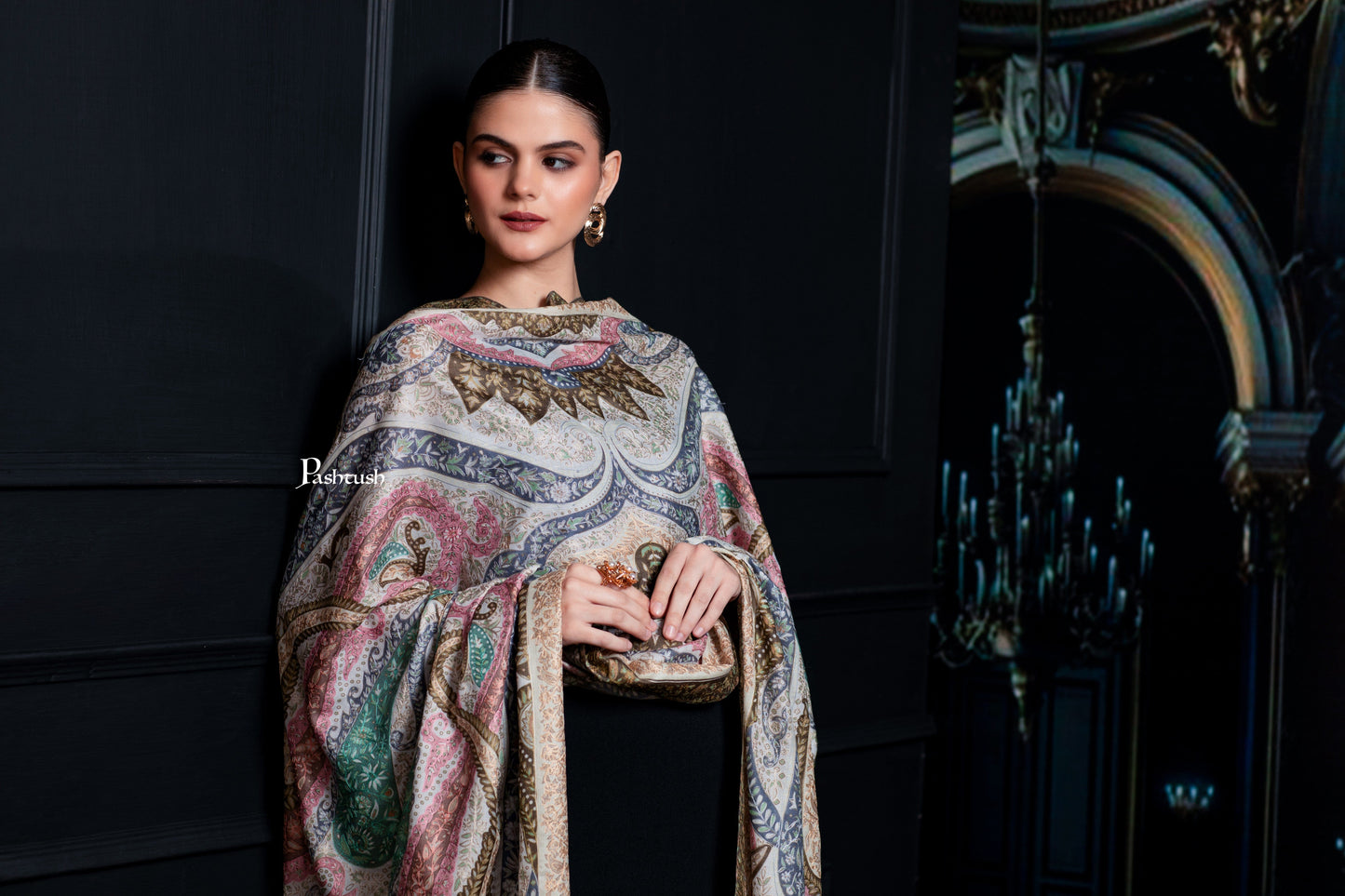 Pashtush India Womens Shawls Pashtush Womens Extra Fine Wool Shawl, Hand Embroidered Kalamkari Design, Soft Pastels