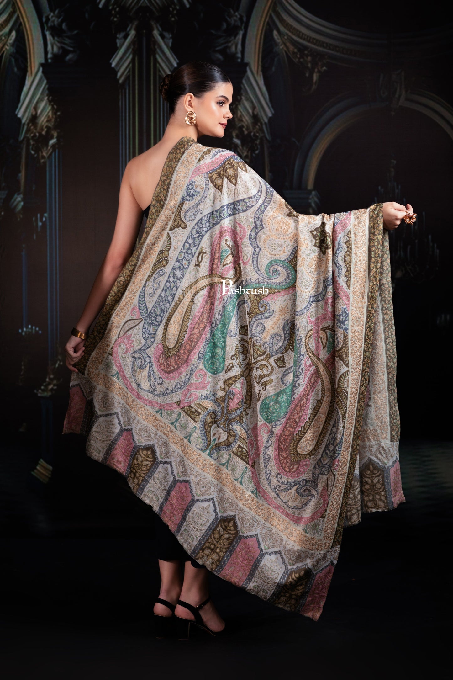 Pashtush India Womens Shawls Pashtush Womens Extra Fine Wool Shawl, Hand Embroidered Kalamkari Design, Soft Pastels