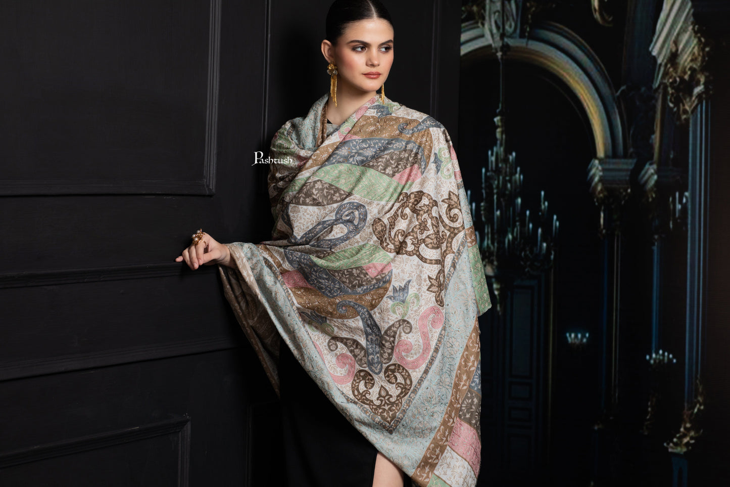 Pashtush India Womens Shawls Pashtush Womens Extra Fine Wool Shawl, Hand Embroidered Kalamkari Design, Soft Pastels
