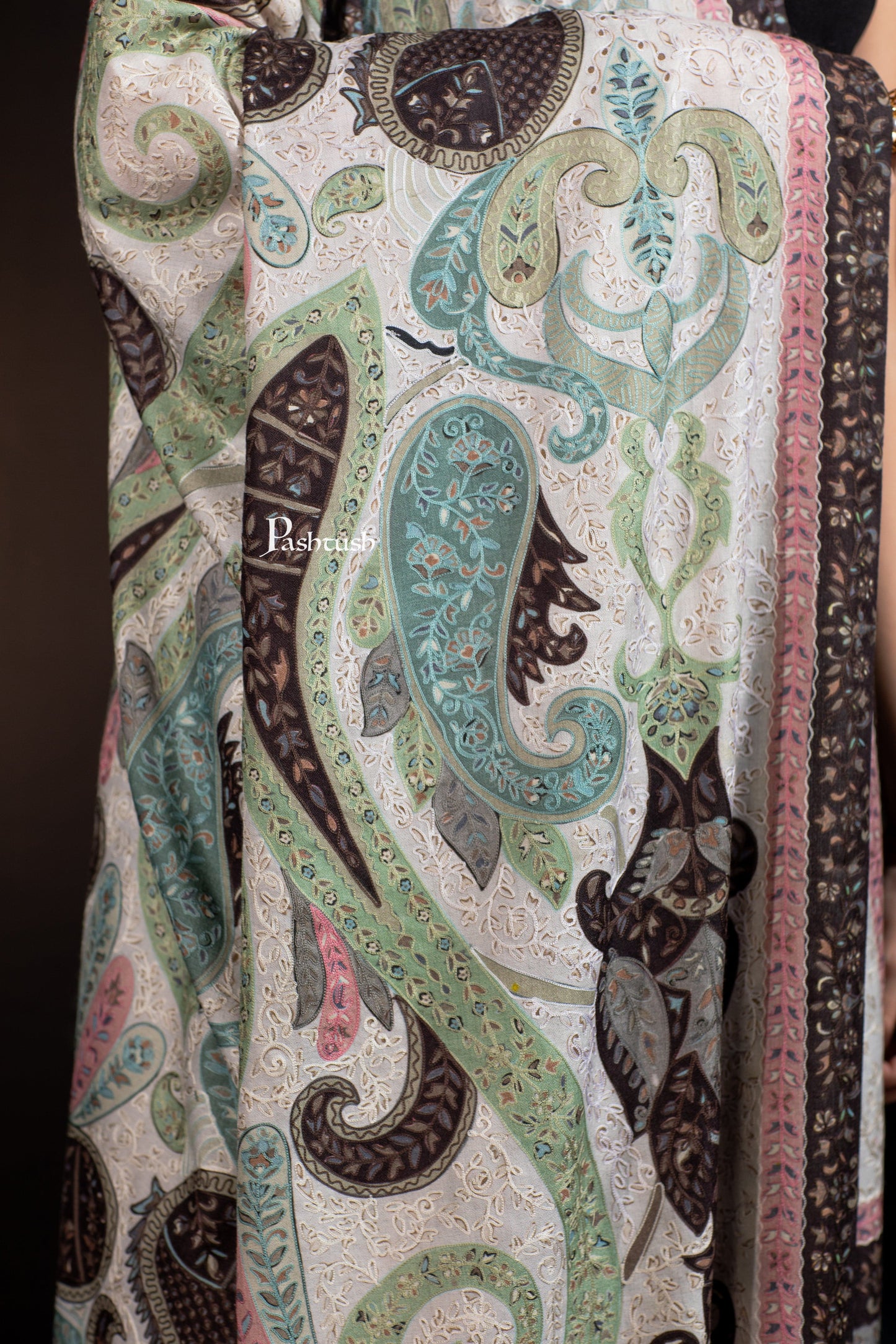 Pashtush India Womens Shawls Pashtush Womens Extra Fine Wool Shawl, Hand Embroidered Kalamkari Design, Sombre