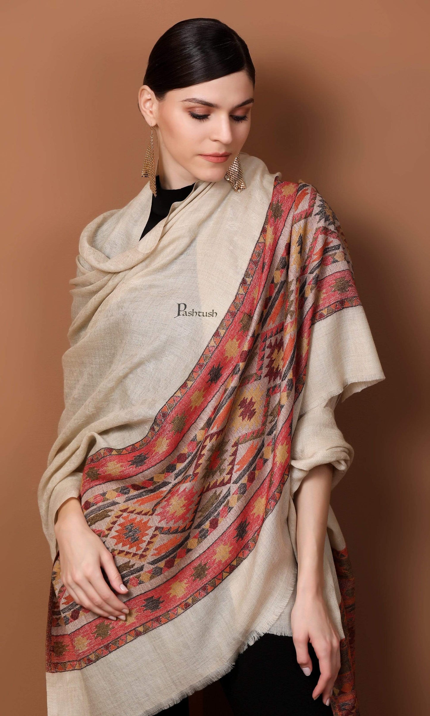Pashtush Shawl Store Shawl Pashtush Womens Extra Fine Wool Shawl, Jacquard, Soft, Warm and Ultra Light Weight