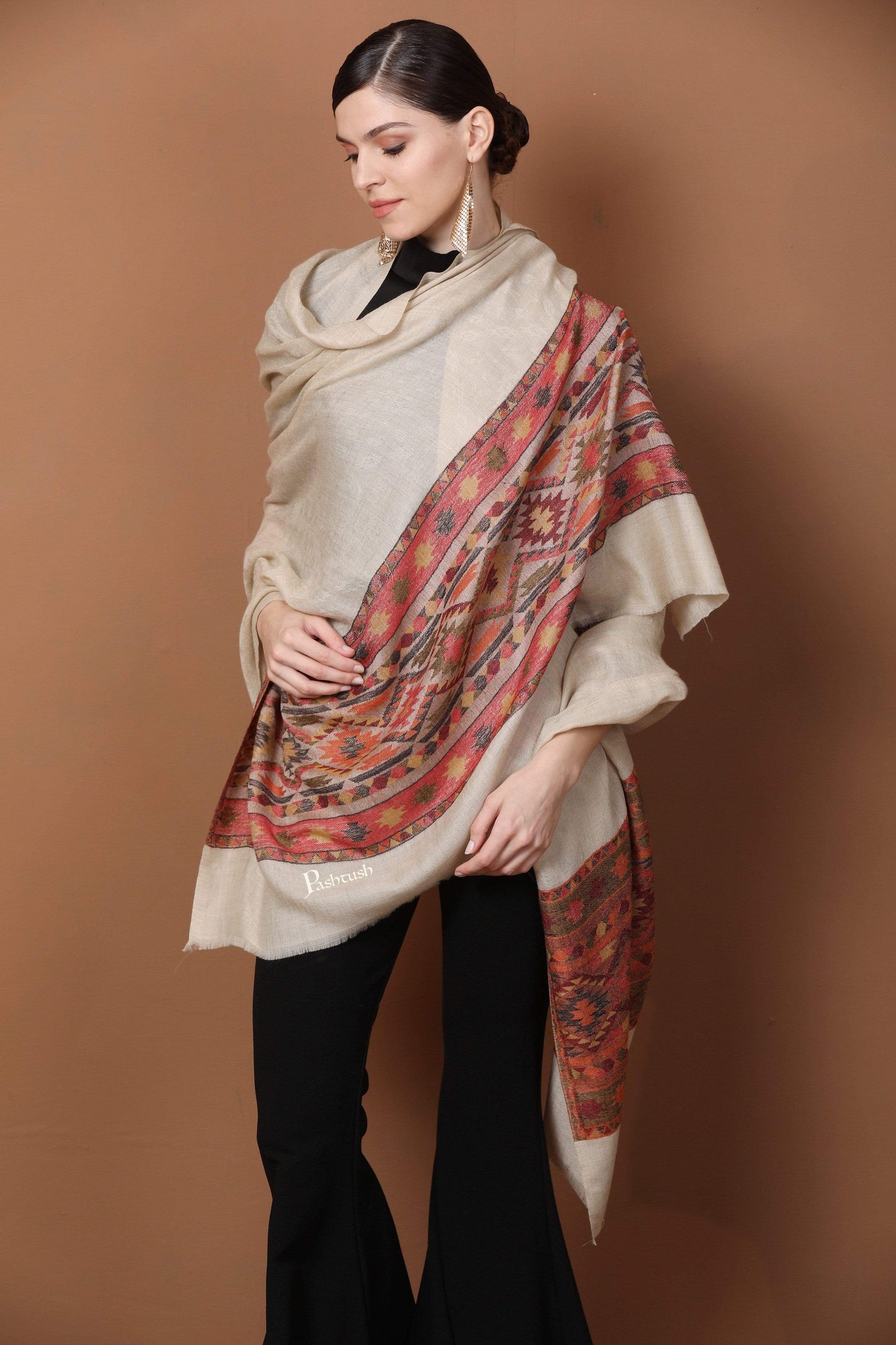 Pashtush Shawl Store Shawl Pashtush Womens Extra Fine Wool Shawl, Jacquard, Soft, Warm and Ultra Light Weight