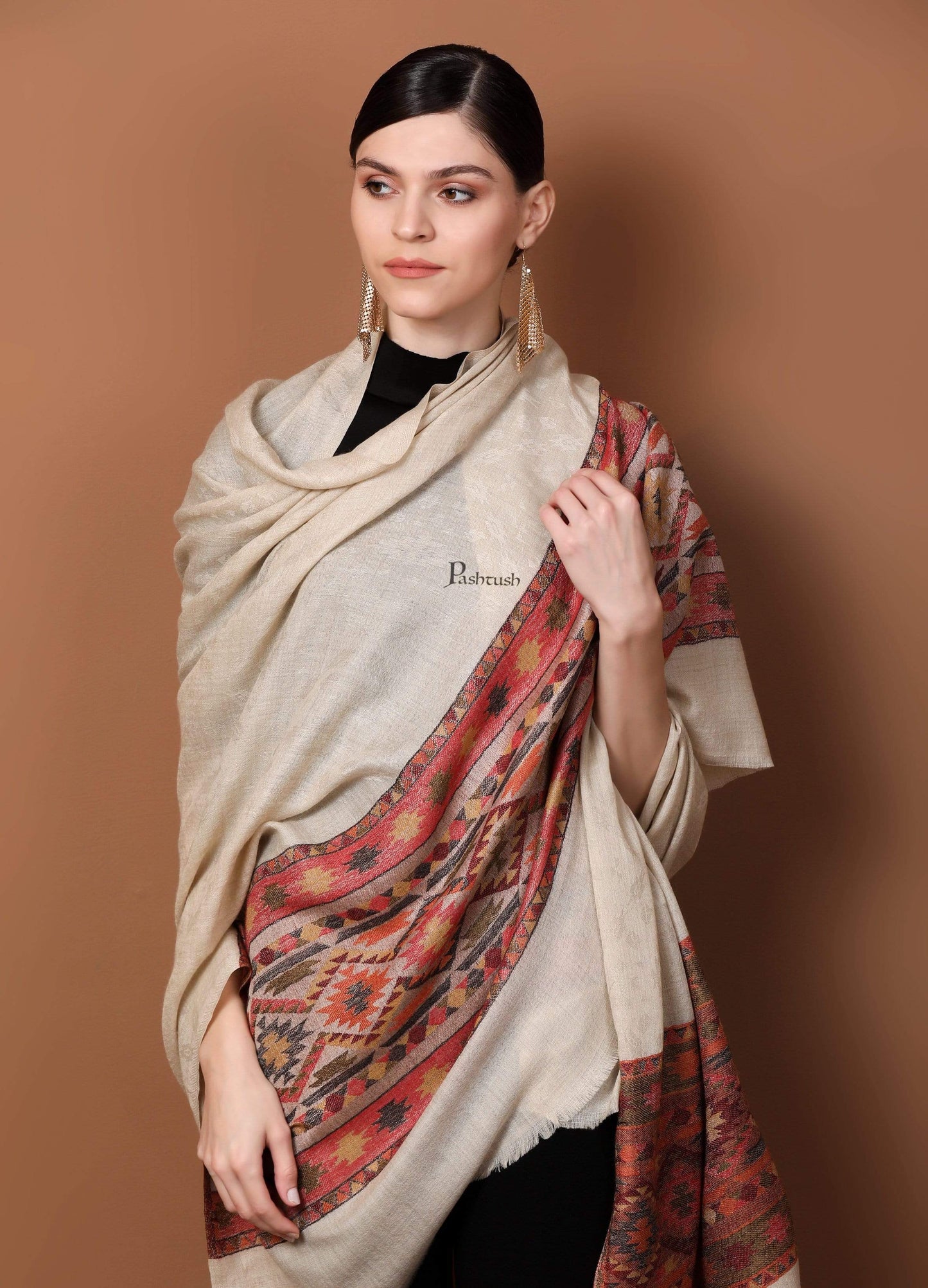 Pashtush Shawl Store Shawl Pashtush Womens Extra Fine Wool Shawl, Jacquard, Soft, Warm and Ultra Light Weight