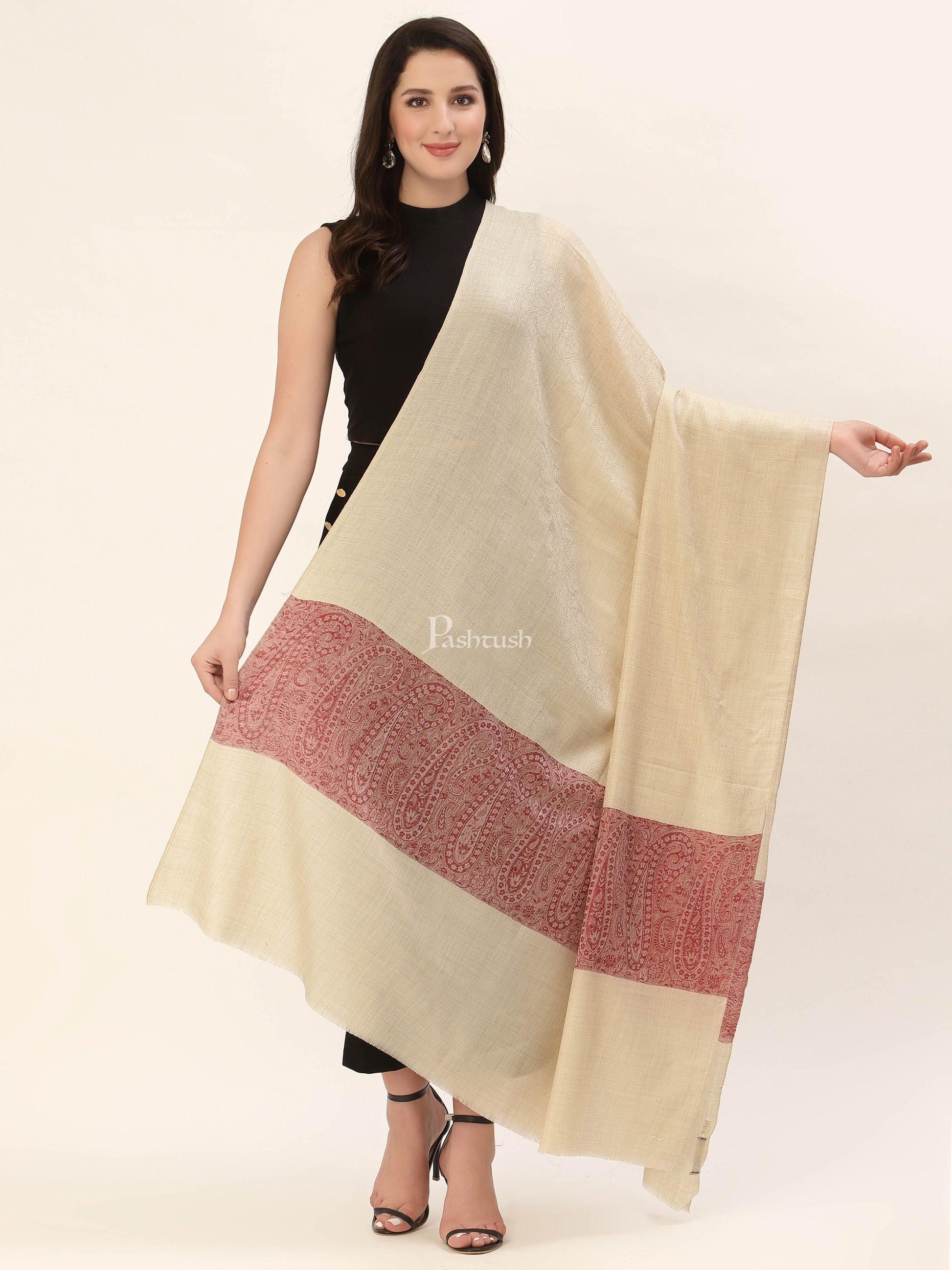 Pashtush India Womens Shawls Pashtush Womens Extra Fine Wool Shawl, Jacquard, Soft, Warm And Ultra Light Weight