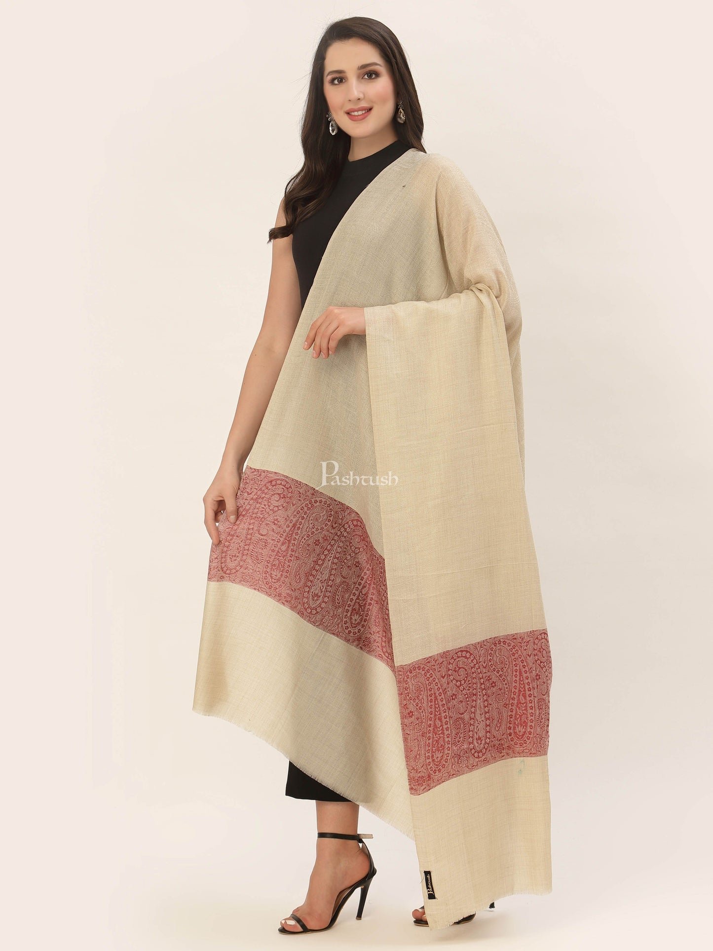 Pashtush India Womens Shawls Pashtush Womens Extra Fine Wool Shawl, Jacquard, Soft, Warm And Ultra Light Weight