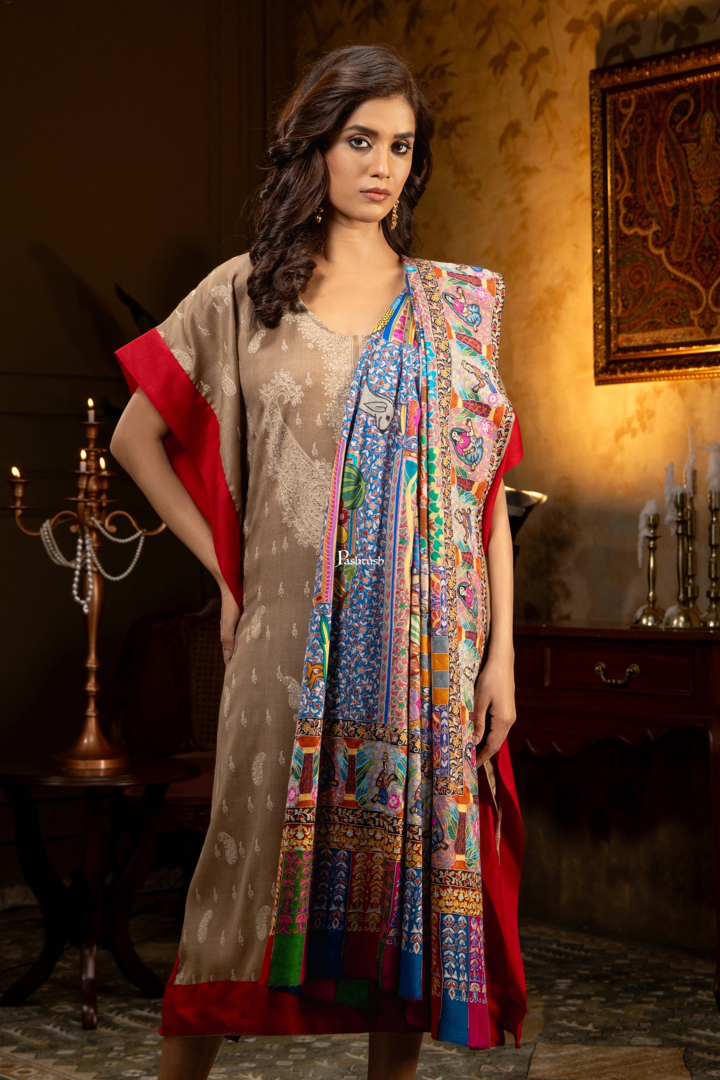 Pashtush India Womens Shawls Pashtush Womens Extra Fine Wool Shawl, Kalamkari Embroidery Design, Multicolour