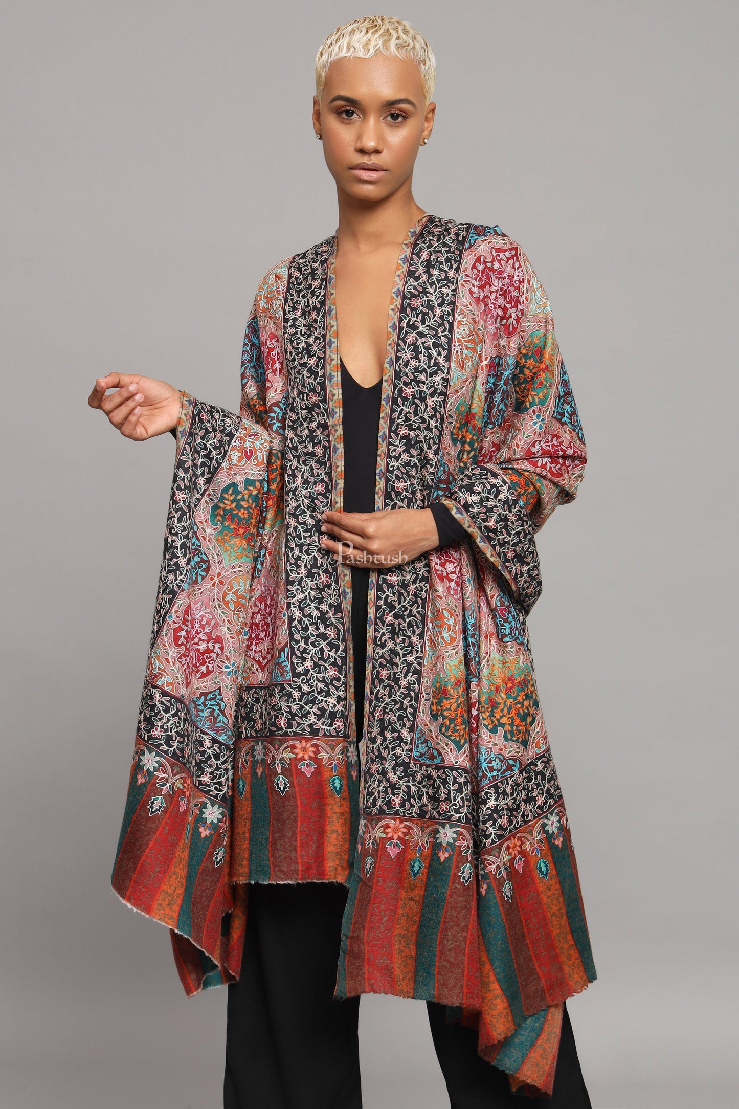 Pashtush India Womens Shawls Pashtush Womens Extra Fine Wool Shawl, Kalamkari Embroidery, Nalki Jama Design, Multicolour