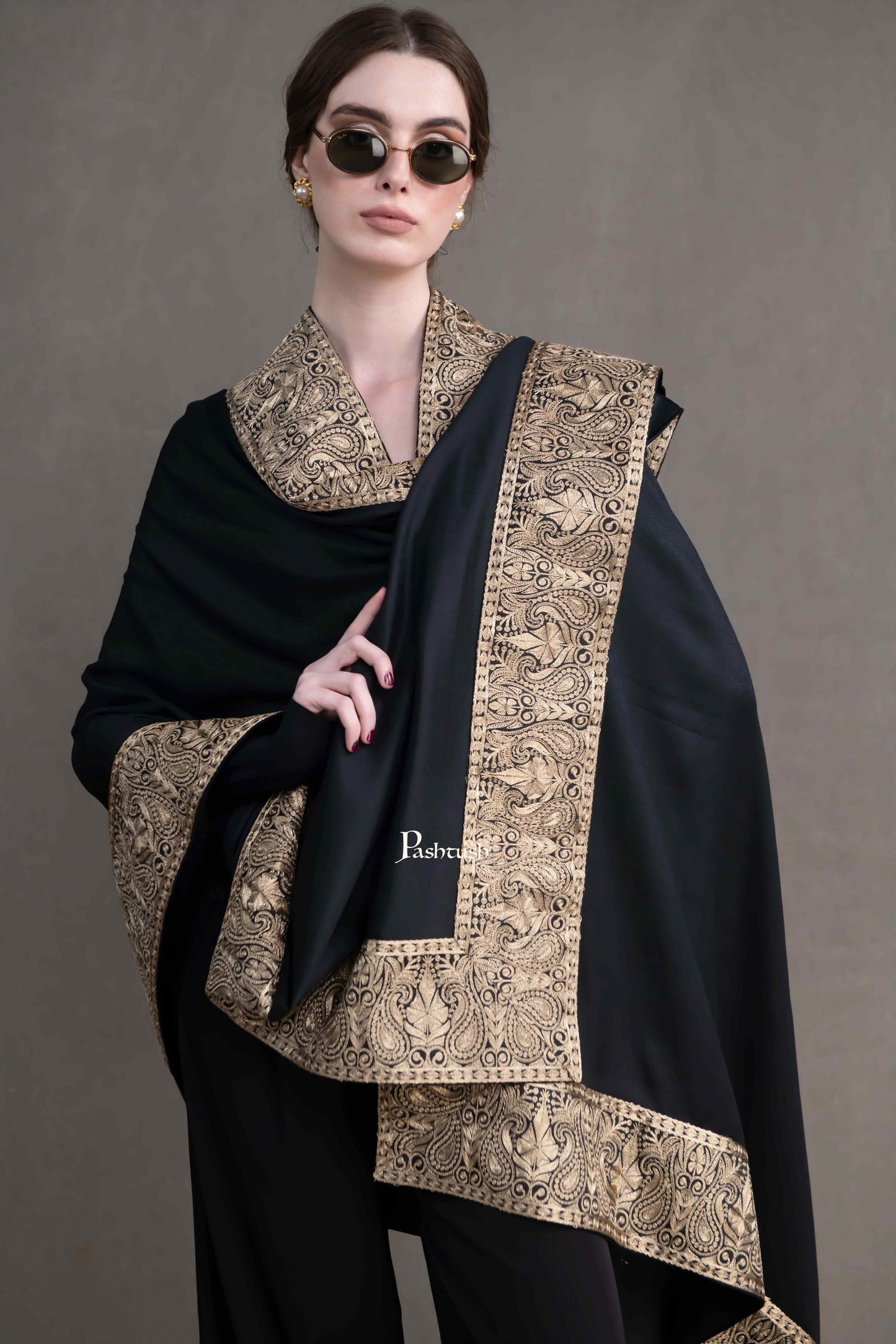Pashtush India Womens Shawls Pashtush Womens Extra Fine Wool Shawl, Metallic Tilla Embroidery, Border Design, Black