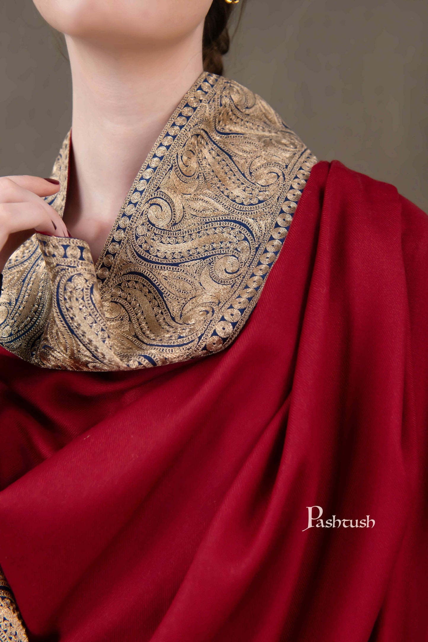 Pashtush India Womens Shawls Pashtush Womens Extra Fine Wool Shawl, Metallic Tilla Embroidery, Border Design, Maroon