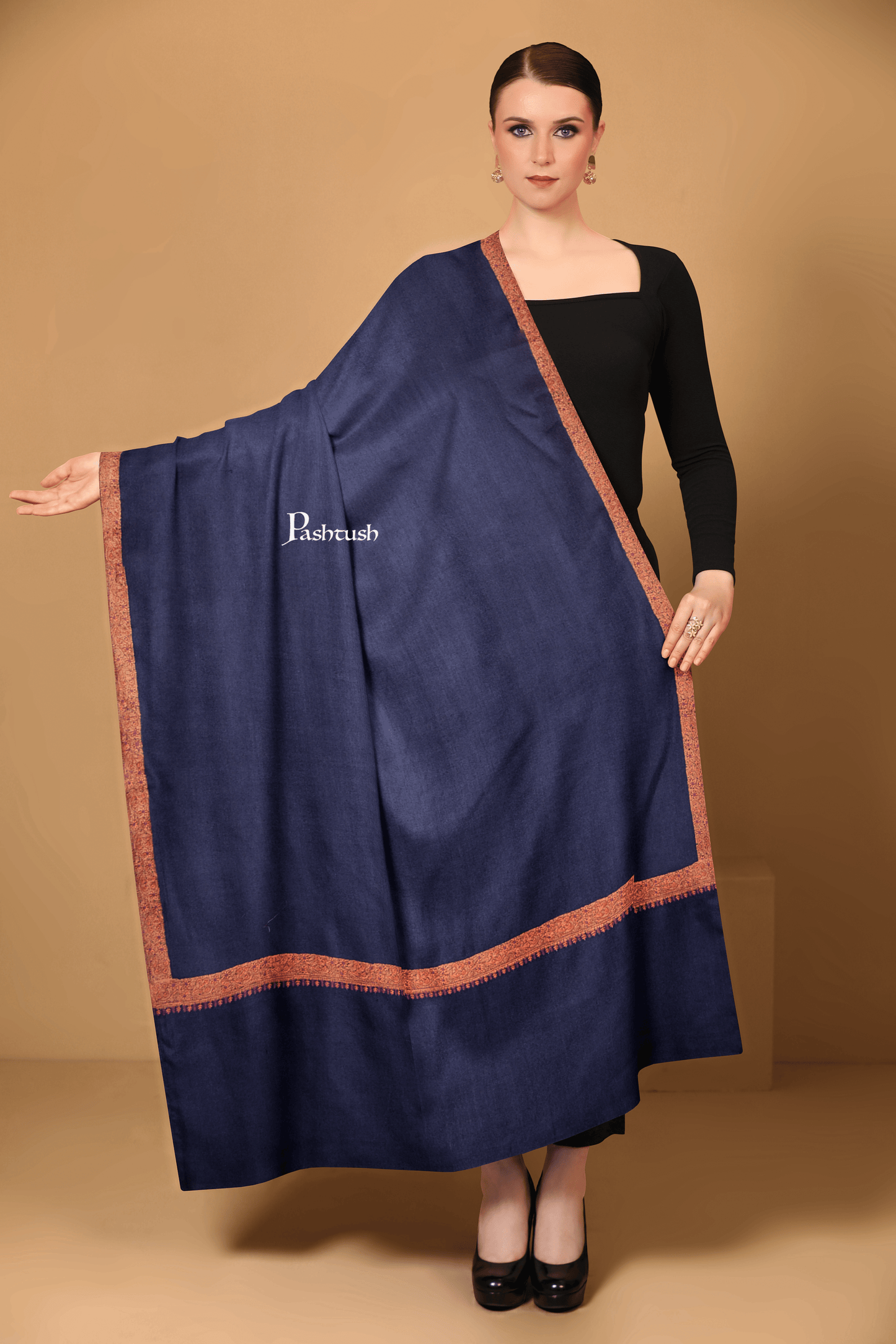 Pashtush India Womens Shawls Pashtush Womens Extra Fine Wool Shawl, Multi Border Embroidery Design, Blue