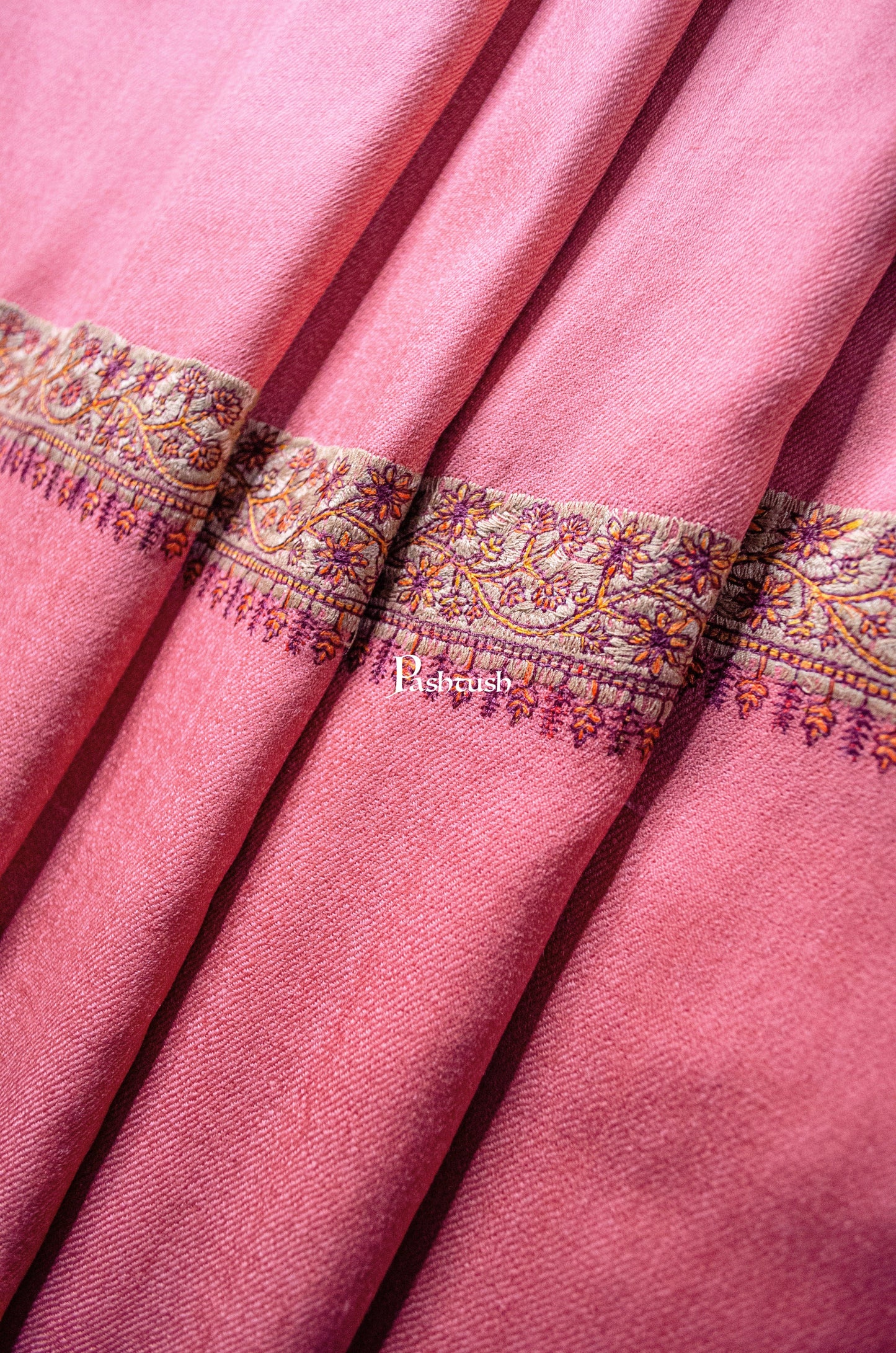 Pashtush India Womens Shawls Pashtush Womens Extra Fine Wool Shawl, Multi Border Embroidery Design, Rose