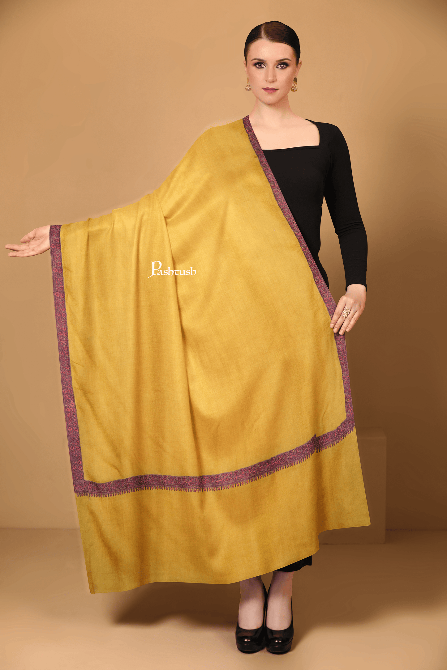 Pashtush India Womens Shawls Pashtush Womens Extra Fine Wool Shawl, Multi Border Embroidery Design, Yellow