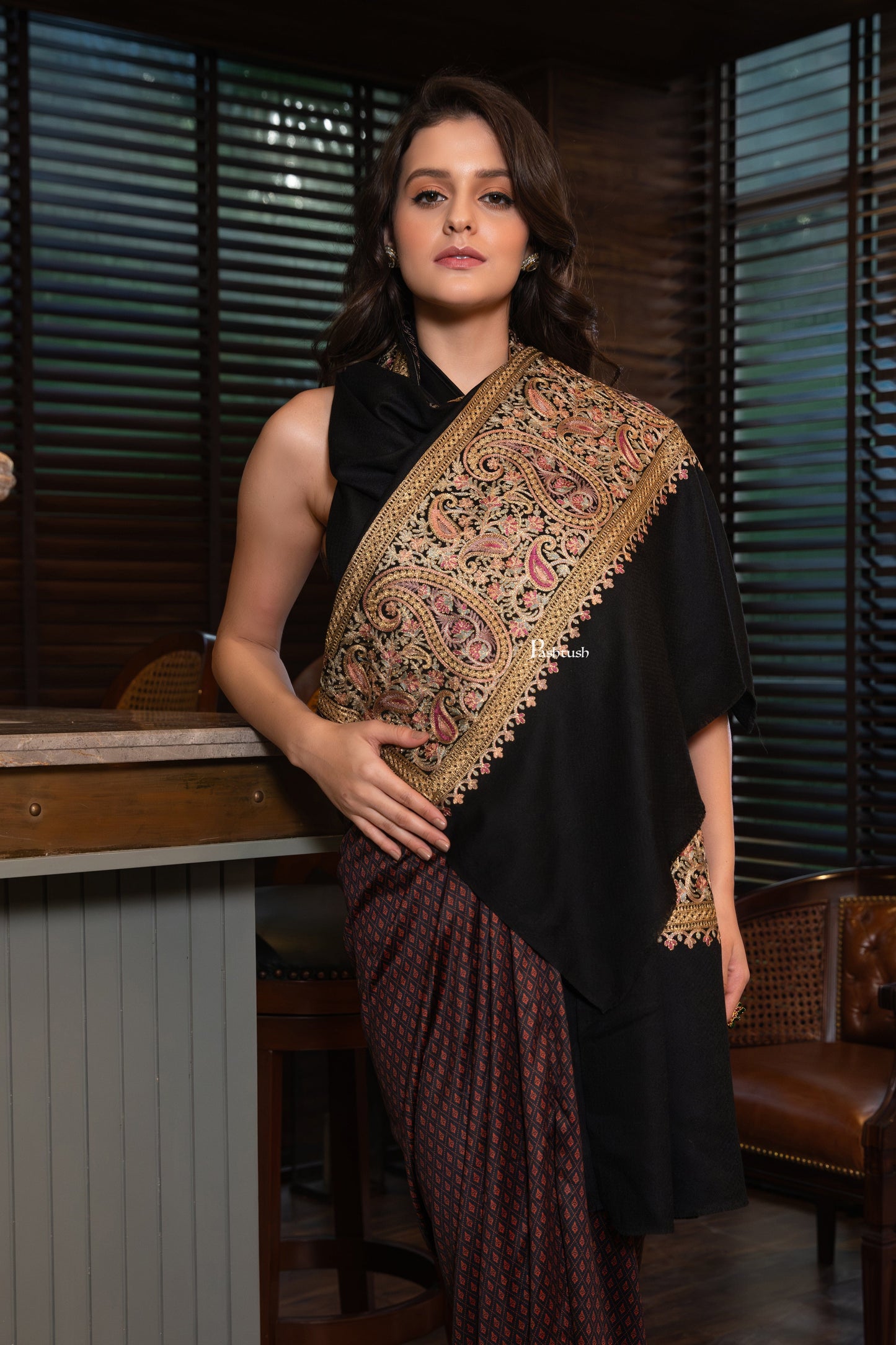 Pashtush India Womens Shawls Pashtush Womens Extra Fine Wool Shawl, Nalki Embroidery Design, Black