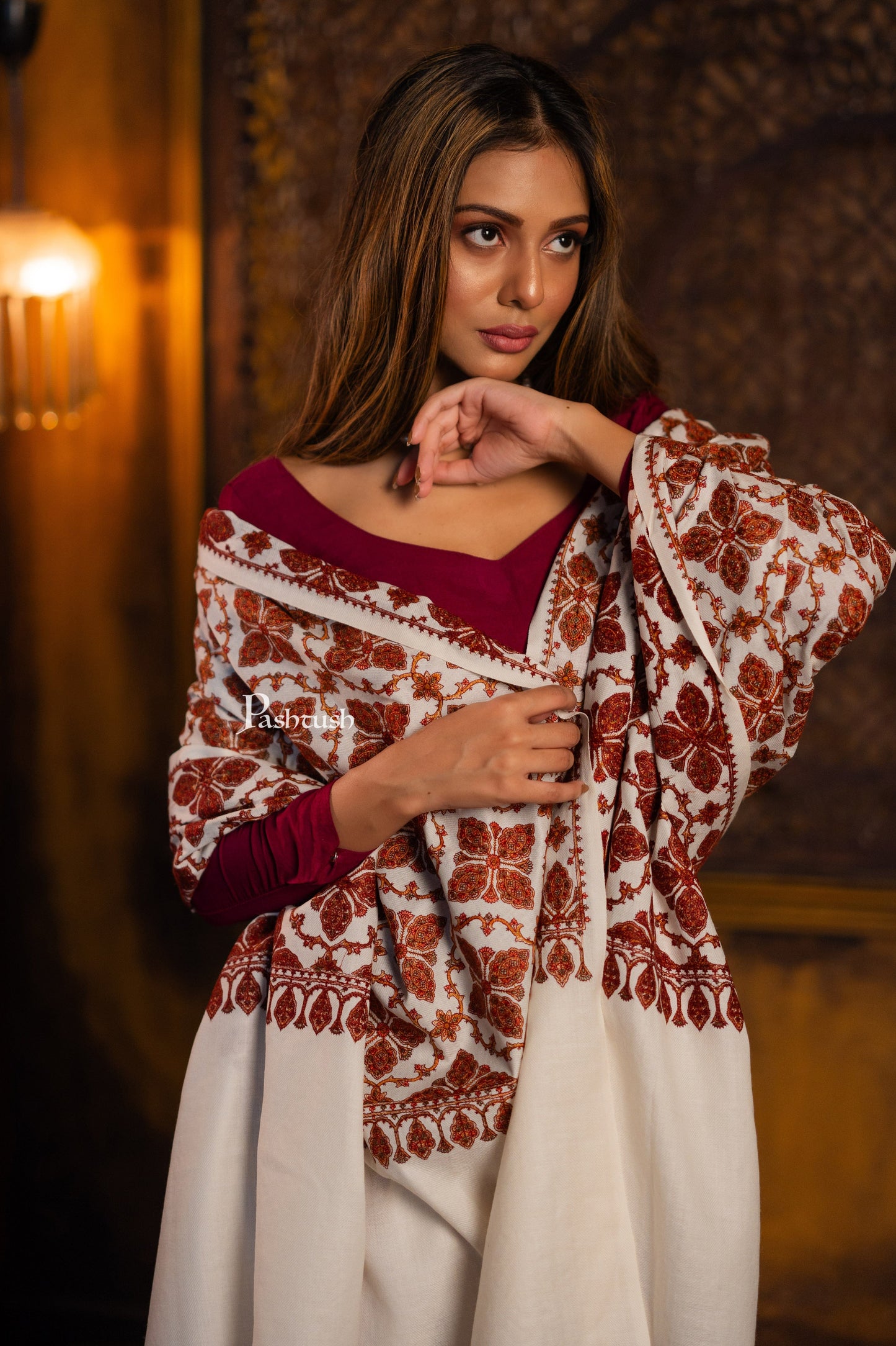 Pashtush India Womens Shawls Pashtush Womens Extra Fine Wool Shawl, Needlework Heavy Jaal Design, Ivory