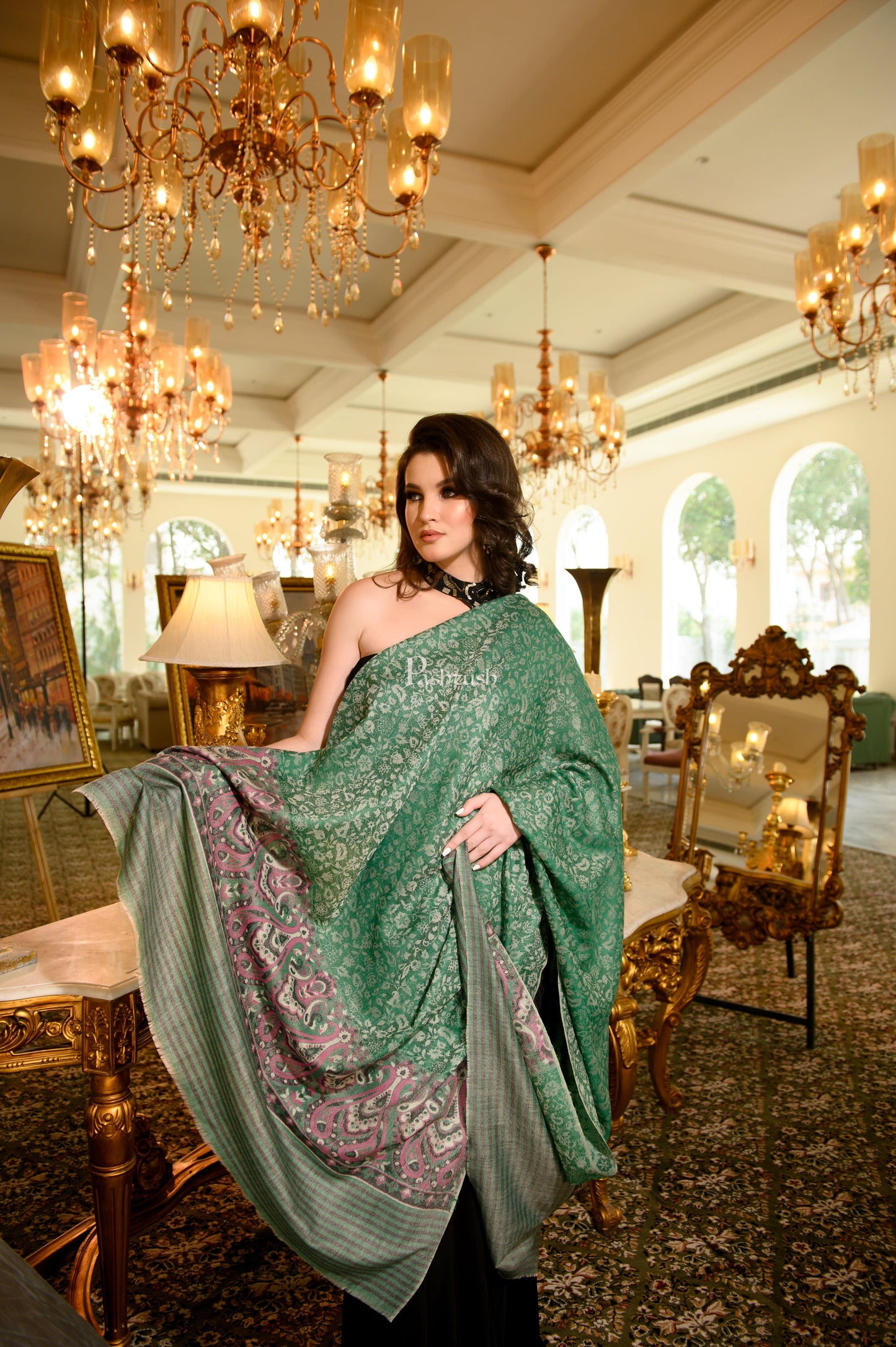 Pashtush India Womens Shawls Pashtush Womens Extra Fine Wool Shawl, Paisley Weave Design, Green
