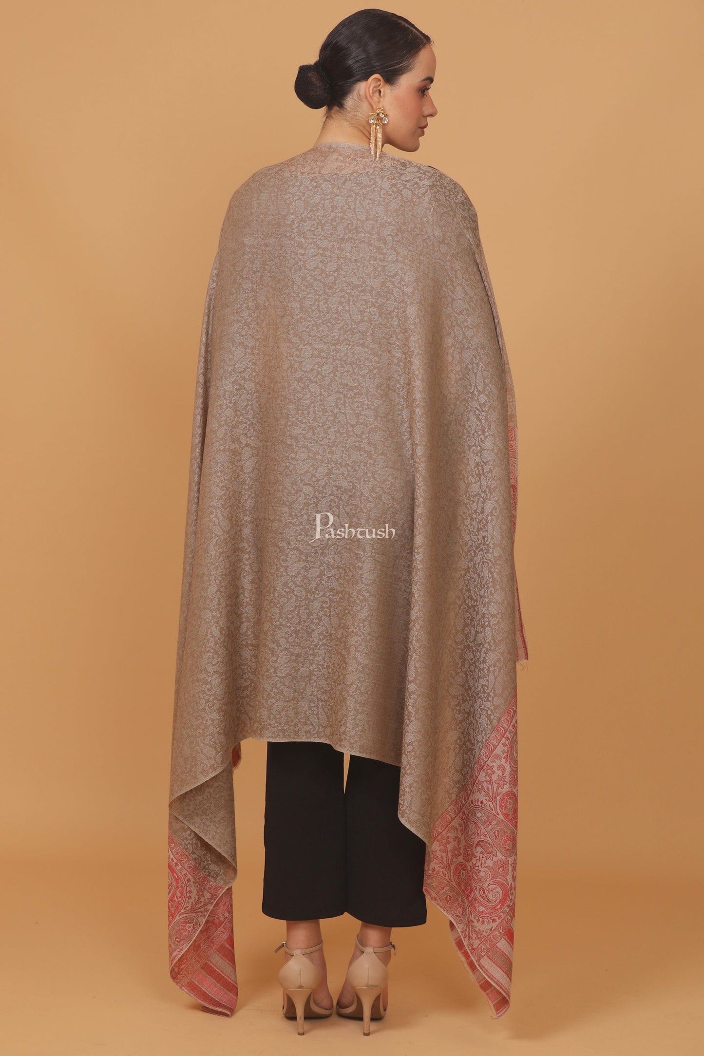 Pashtush India Womens Stoles and Scarves Scarf Pashtush womens Extra Fine Wool shawl, PAISLEY WEAVE design, Taupe