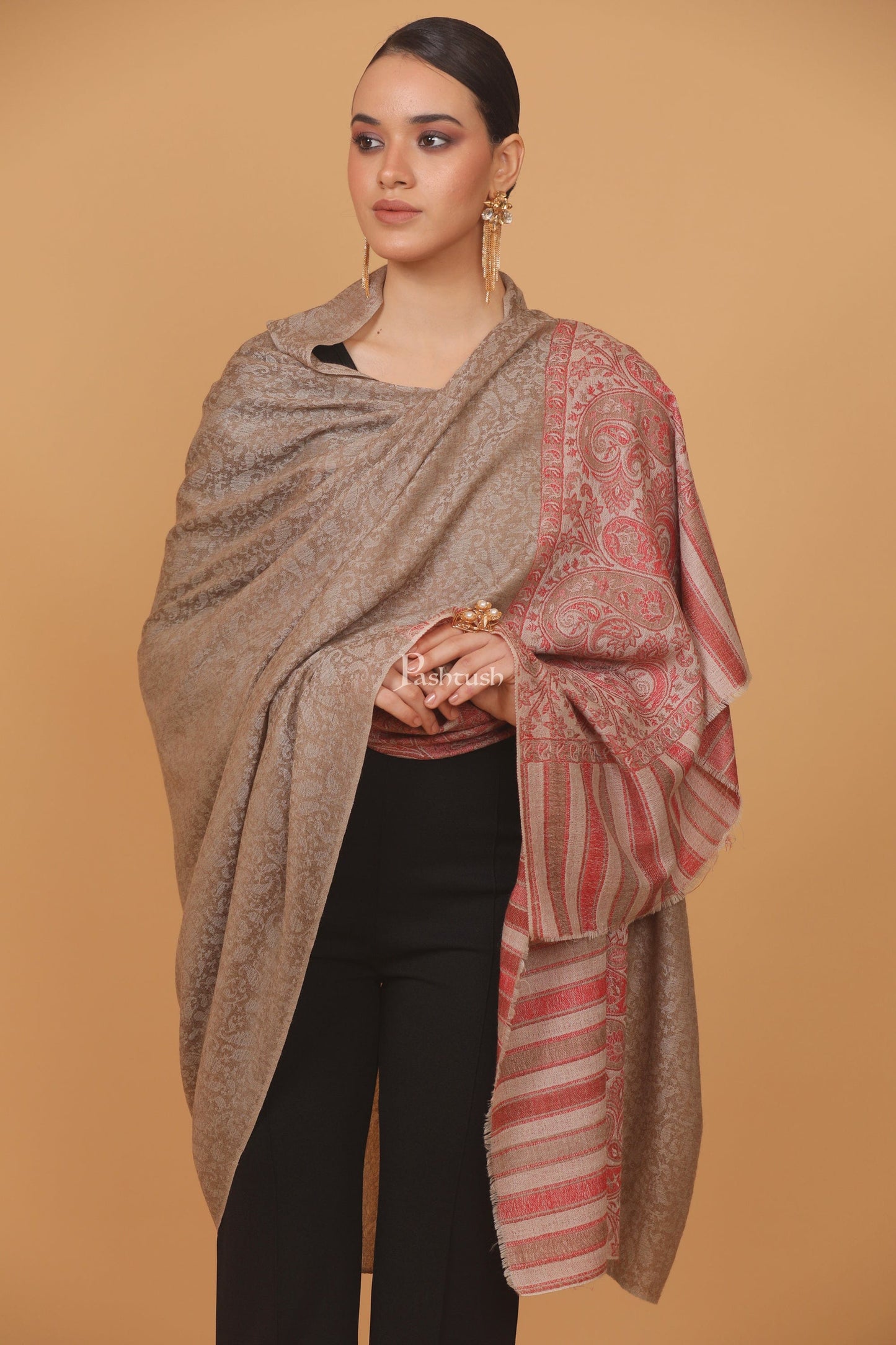 Pashtush India Womens Stoles and Scarves Scarf Pashtush womens Extra Fine Wool shawl, PAISLEY WEAVE design, Taupe