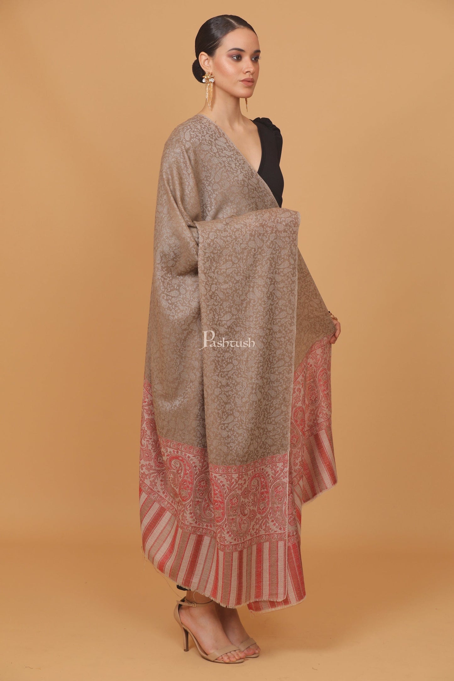 Pashtush India Womens Stoles and Scarves Scarf Pashtush womens Extra Fine Wool shawl, PAISLEY WEAVE design, Taupe
