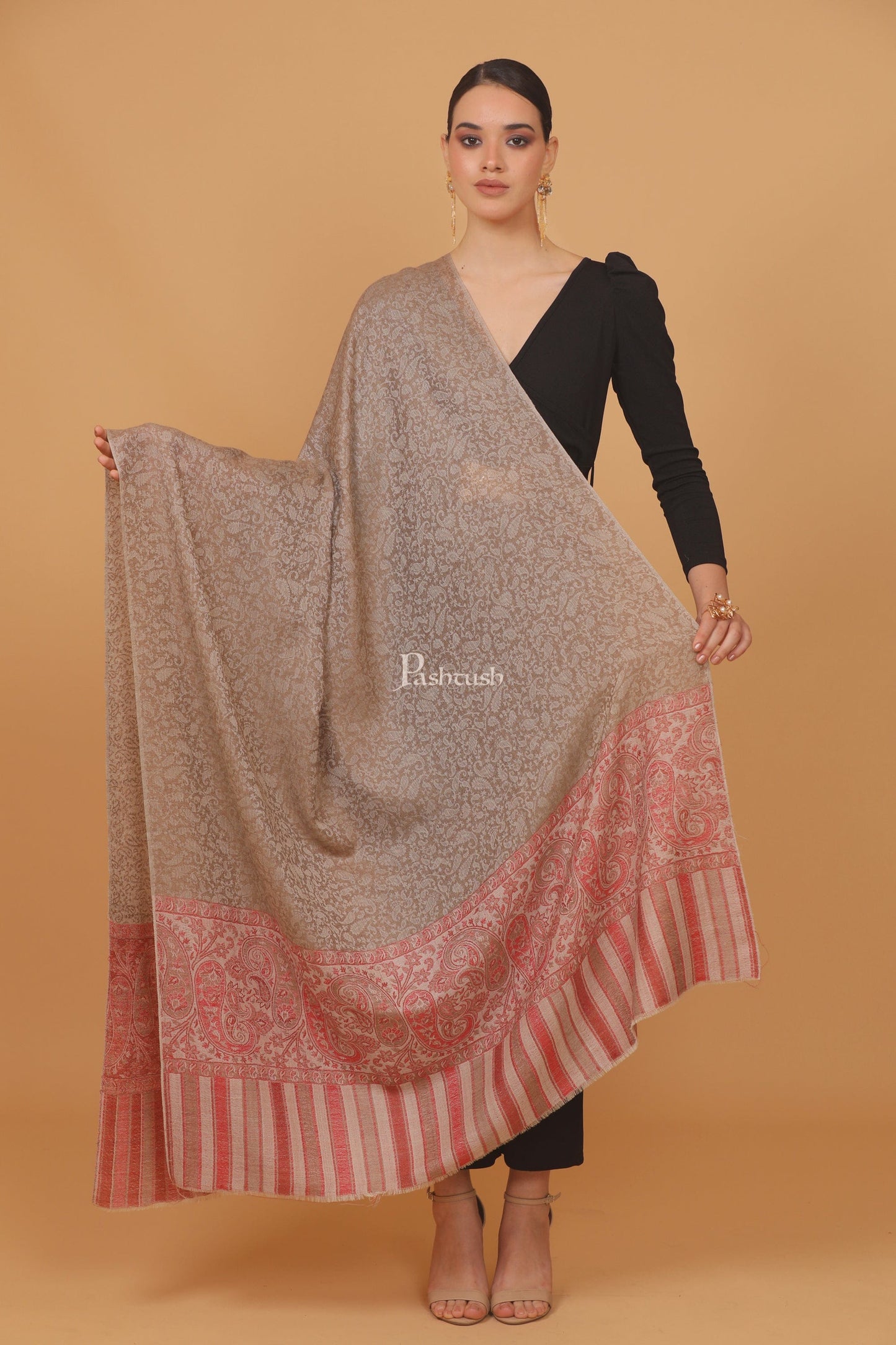 Pashtush India Womens Stoles and Scarves Scarf Pashtush womens Extra Fine Wool shawl, PAISLEY WEAVE design, Taupe