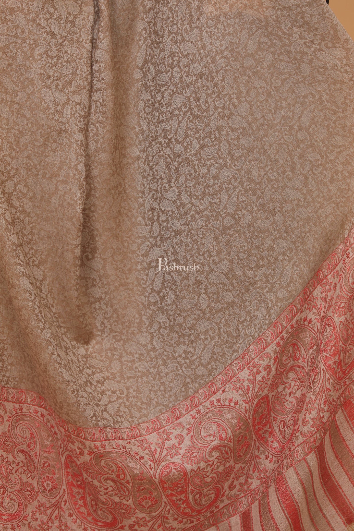Pashtush India Womens Stoles and Scarves Scarf Pashtush womens Extra Fine Wool shawl, PAISLEY WEAVE design, Taupe