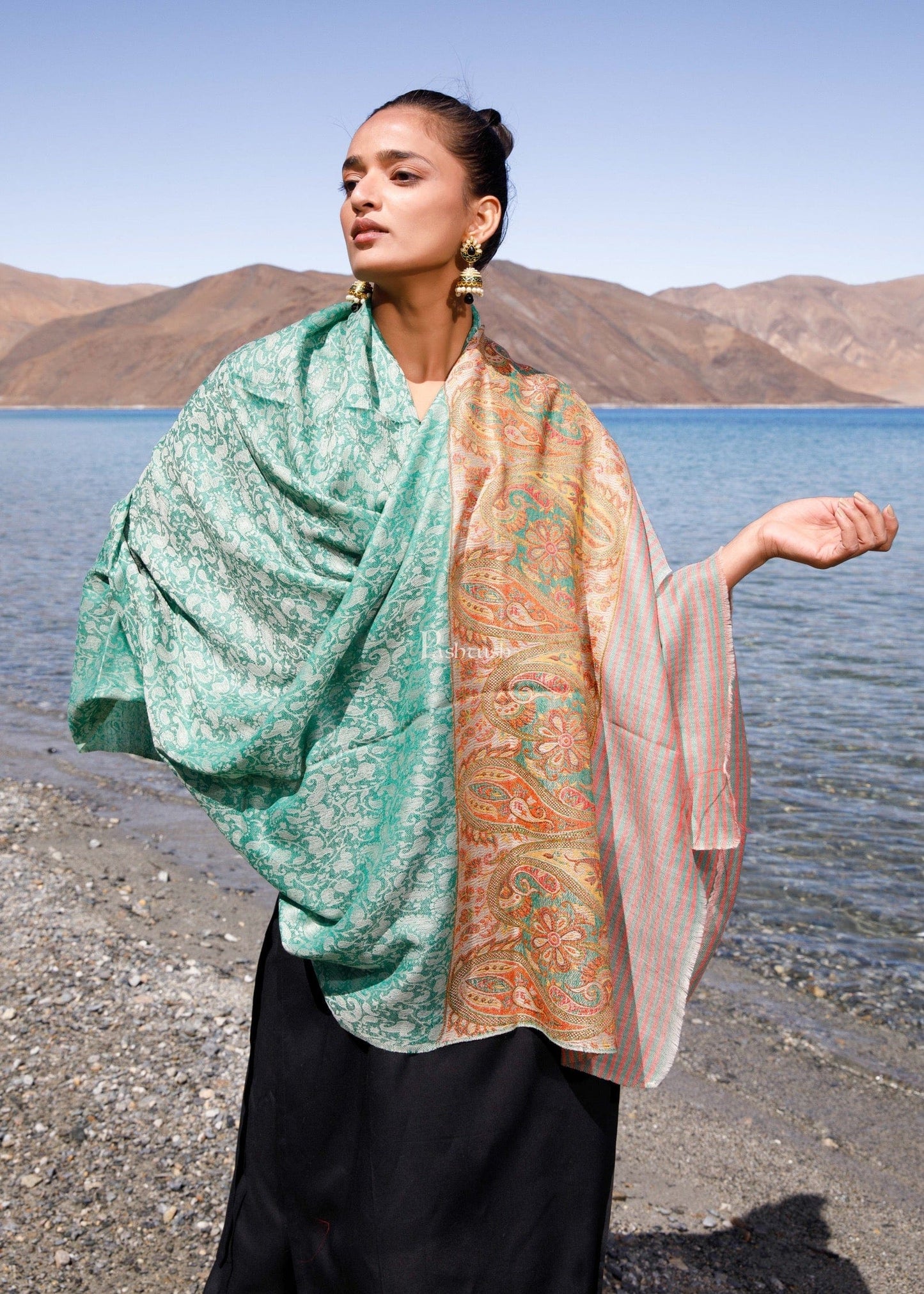 Pashtush India Womens Shawls Pashtush Womens Extra Fine Wool Shawl, Paisley Weave Palla, Woven Design, Mystical Green