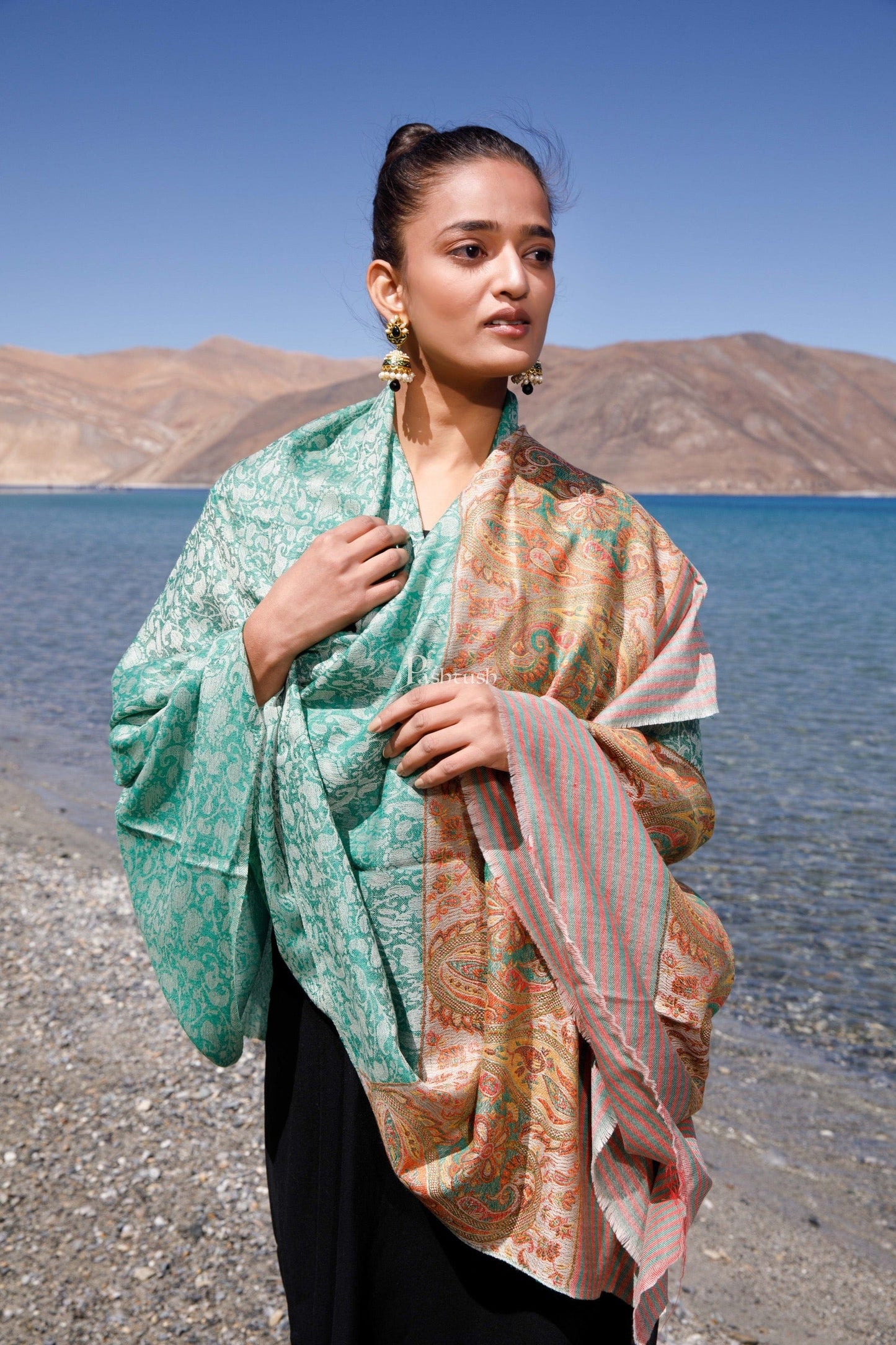 Pashtush India Womens Shawls Pashtush Womens Extra Fine Wool Shawl, Paisley Weave Palla, Woven Design, Mystical Green