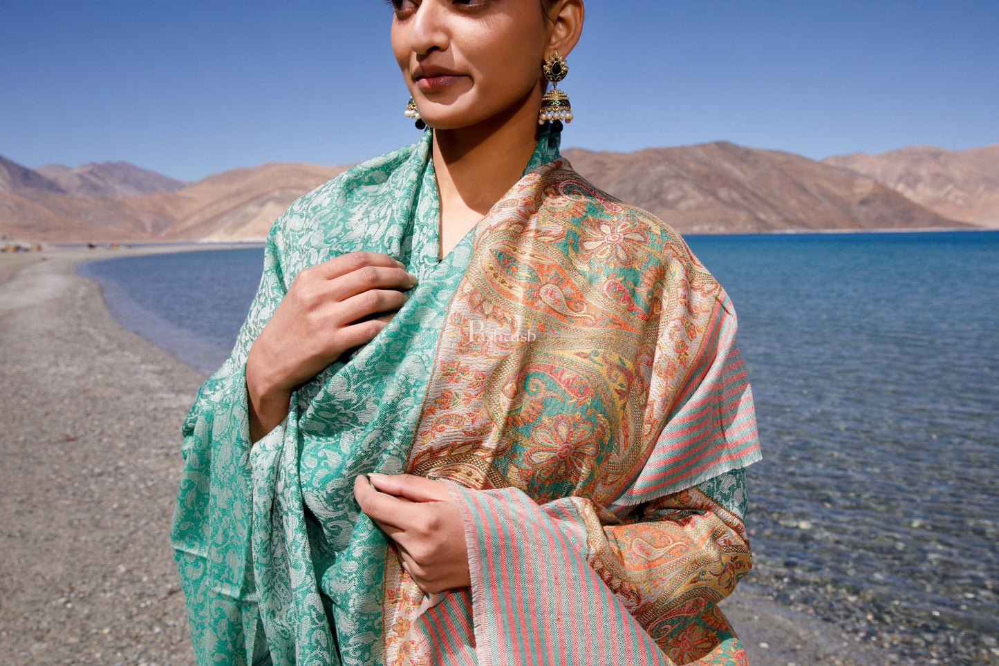 Pashtush India Womens Shawls Pashtush Womens Extra Fine Wool Shawl, Paisley Weave Palla, Woven Design, Mystical Green