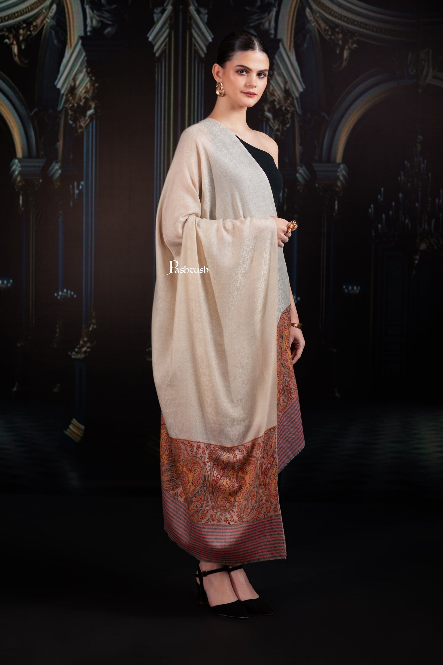 Pashtush India Womens Shawls Pashtush Womens Extra Fine Wool Shawl, Pasiley Palla Design, Beige