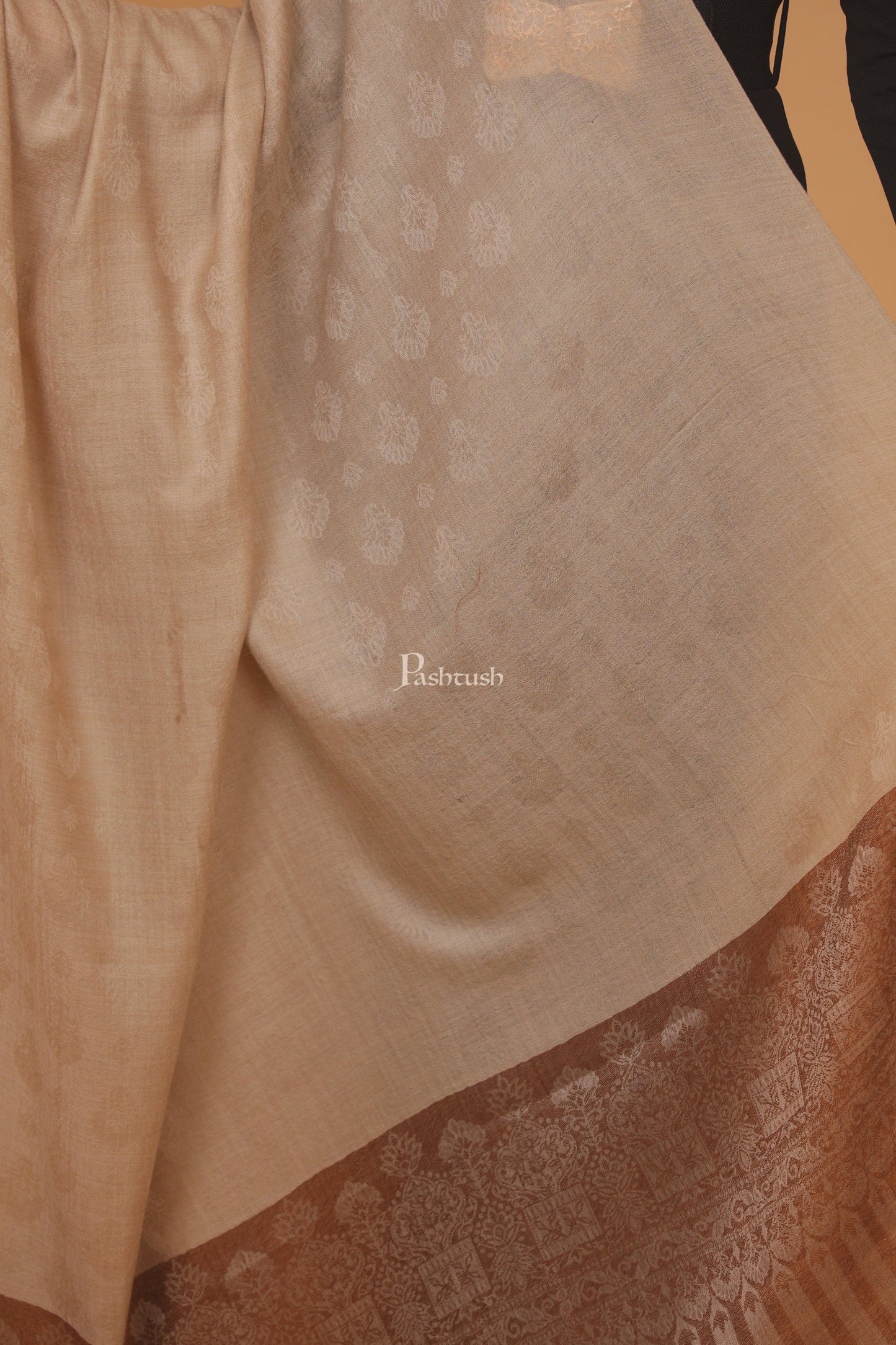 Pashtush India Womens Stoles and Scarves Scarf Pashtush womens Extra Fine Wool shawl, PASILEY WEAVE design, Coffee And Beige