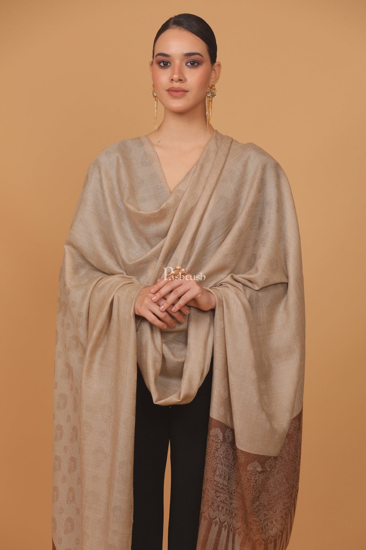 Pashtush India Womens Stoles and Scarves Scarf Pashtush womens Extra Fine Wool shawl, PASILEY WEAVE design, Coffee And Beige