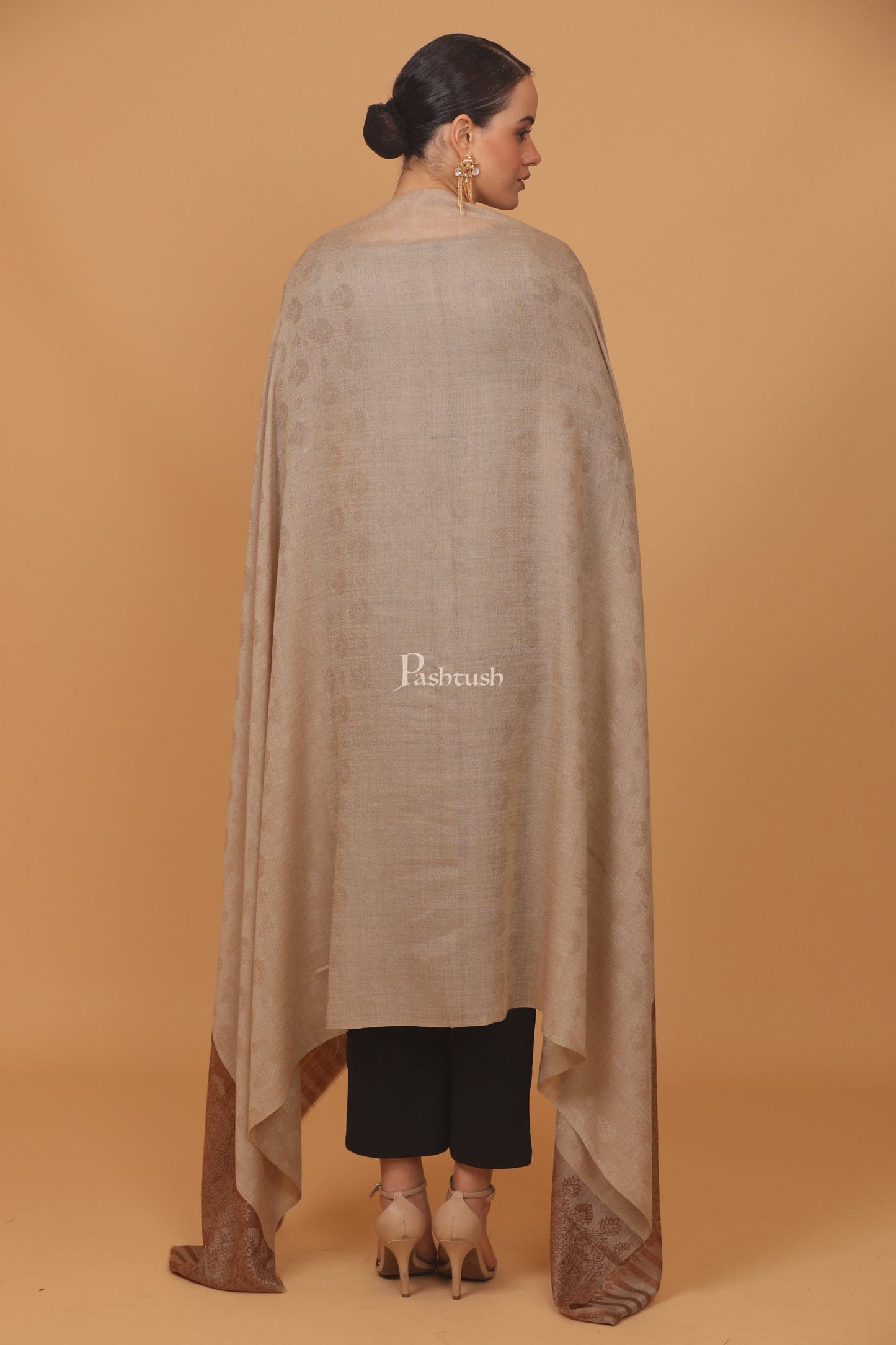 Pashtush India Womens Stoles and Scarves Scarf Pashtush womens Extra Fine Wool shawl, PASILEY WEAVE design, Coffee And Beige