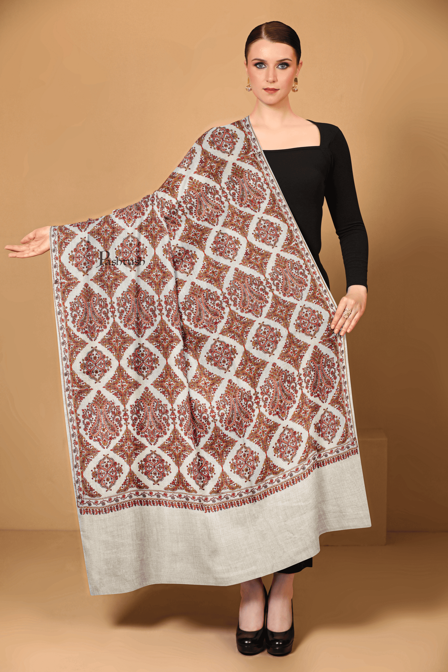 Pashtush India Womens Shawls Pashtush Womens Extra Fine Wool Shawl, Silky Embroidery Kashmiri Jaal Design, Beige