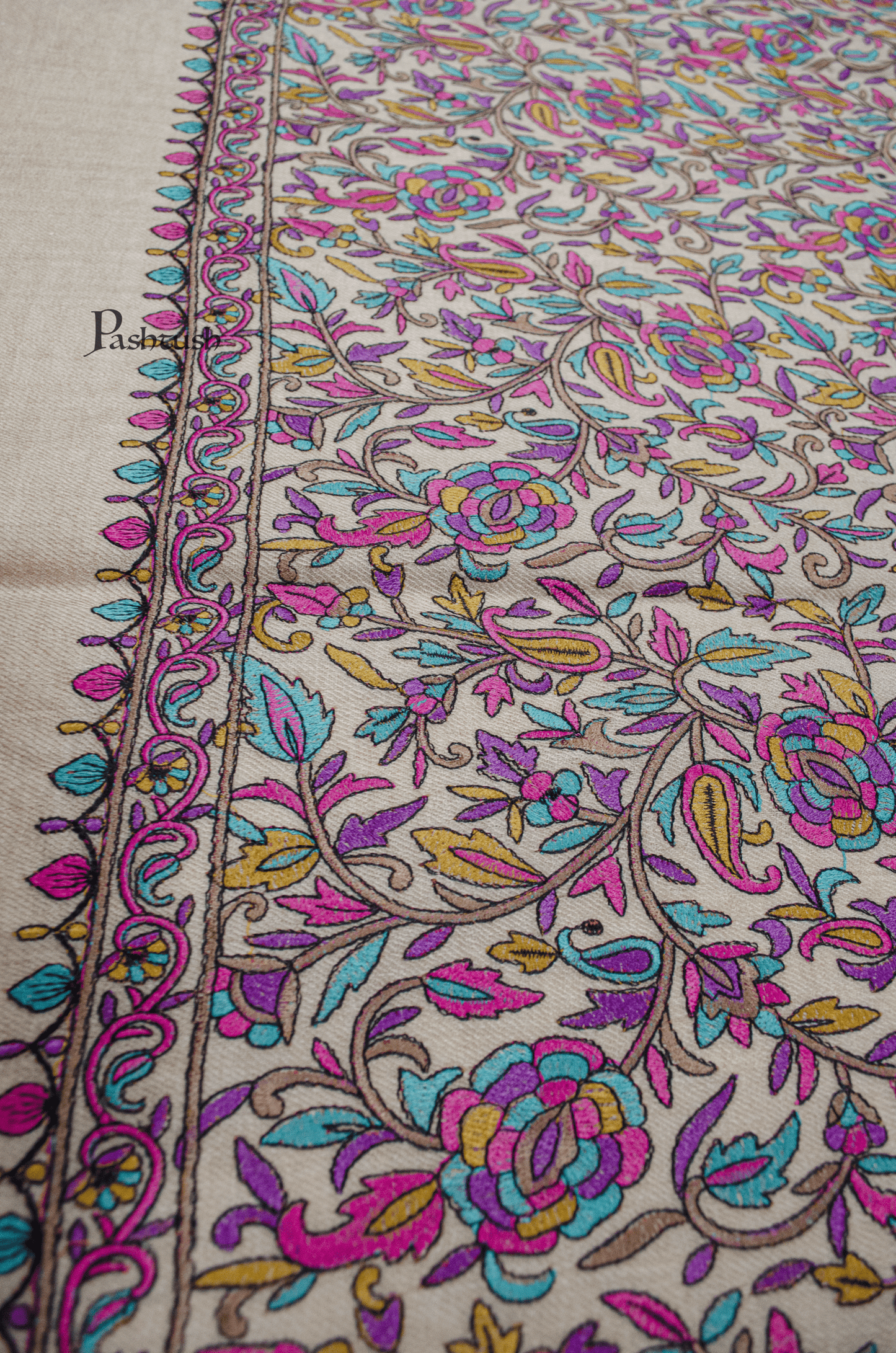 Pashtush India Womens Shawls Pashtush Womens Extra Fine Wool Shawl, Silky Embroidery Kashmiri Jaal Design, Light Beige