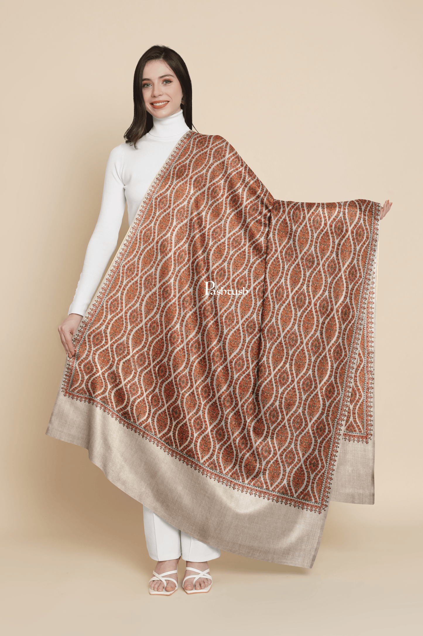 Pashtush India Womens Shawls Pashtush Womens Extra Fine Wool Shawl, Silky Embroidery Kashmiri Jaal Design, Taupe