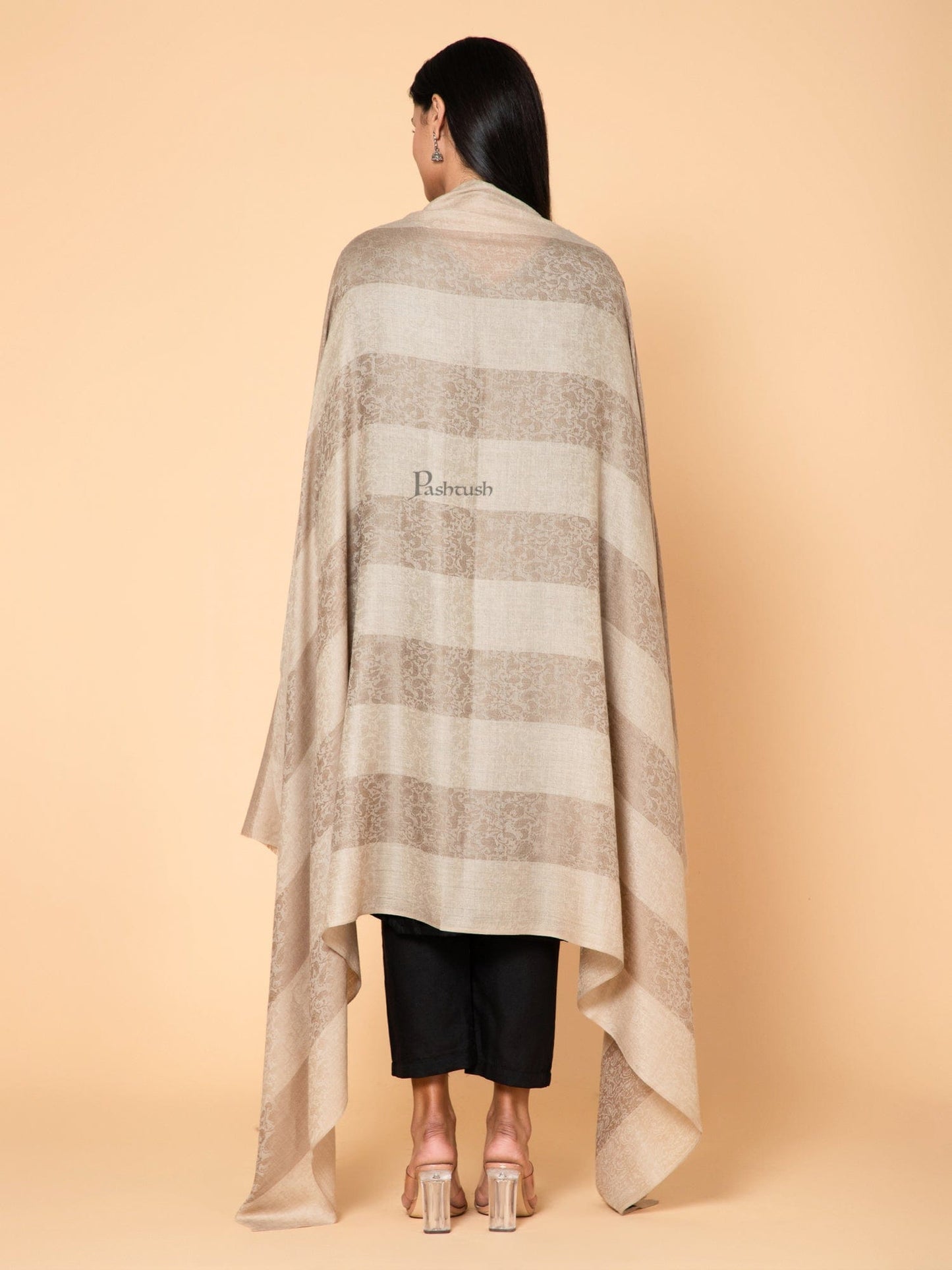 Pashtush India Womens Shawls Pashtush Womens Extra Fine Wool Shawl, Soft And Warm, Striped Beige, Large Size