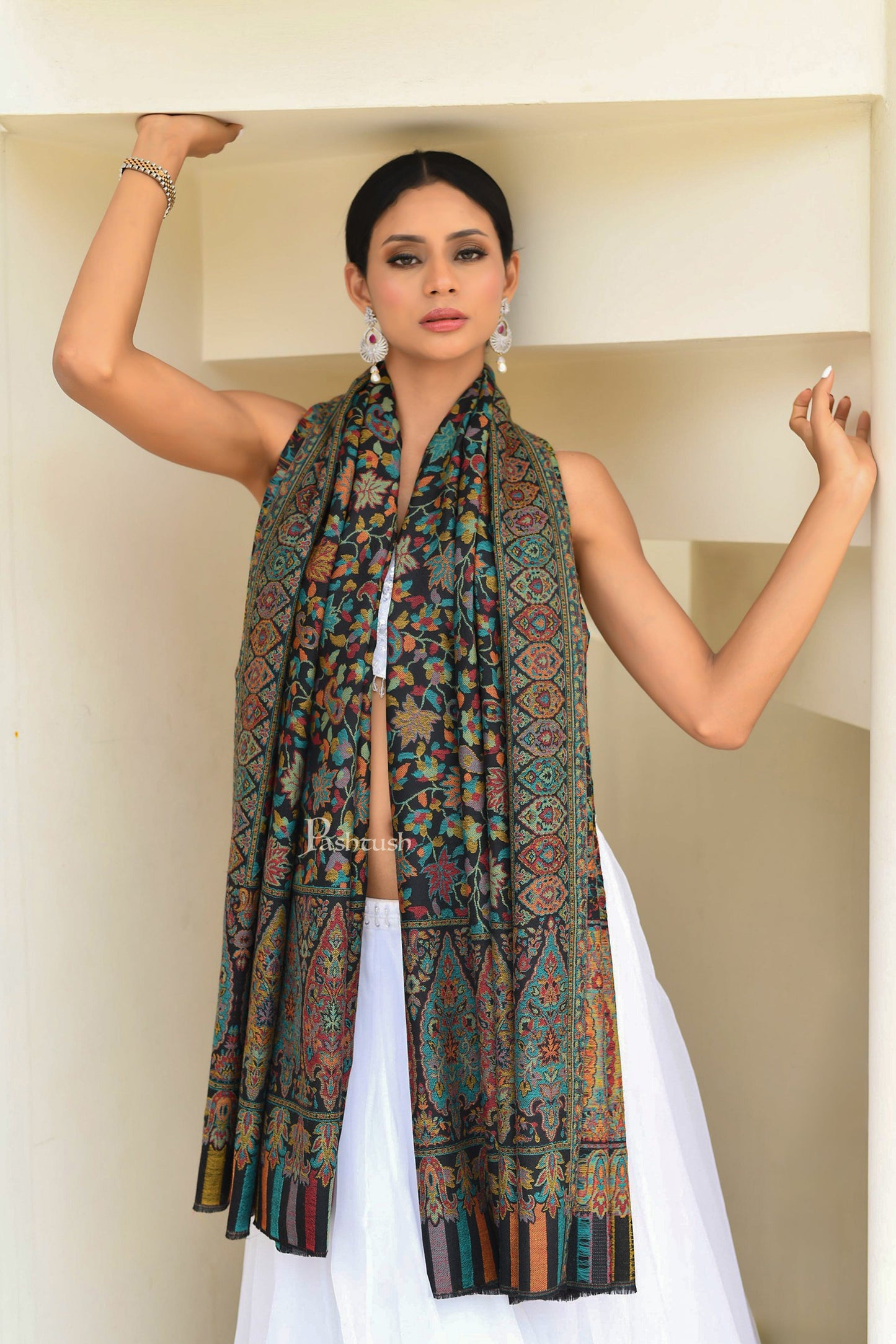 Pashtush India Womens Shawls Pashtush Womens Extra Fine Wool Shawl, Soft, Ethnic Weave Design Design, Black