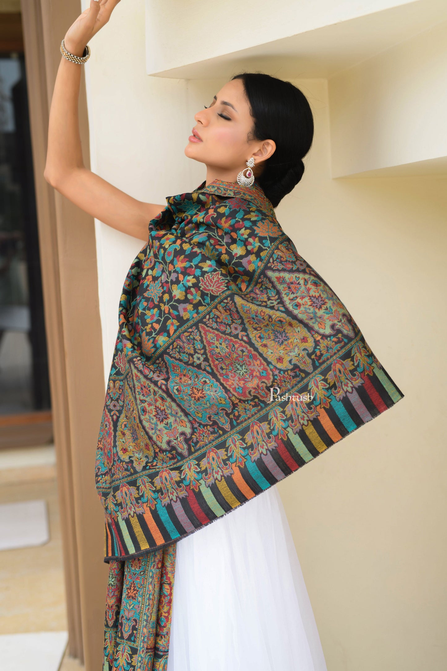 Pashtush India Womens Shawls Pashtush Womens Extra Fine Wool Shawl, Soft, Ethnic Weave Design Design, Black