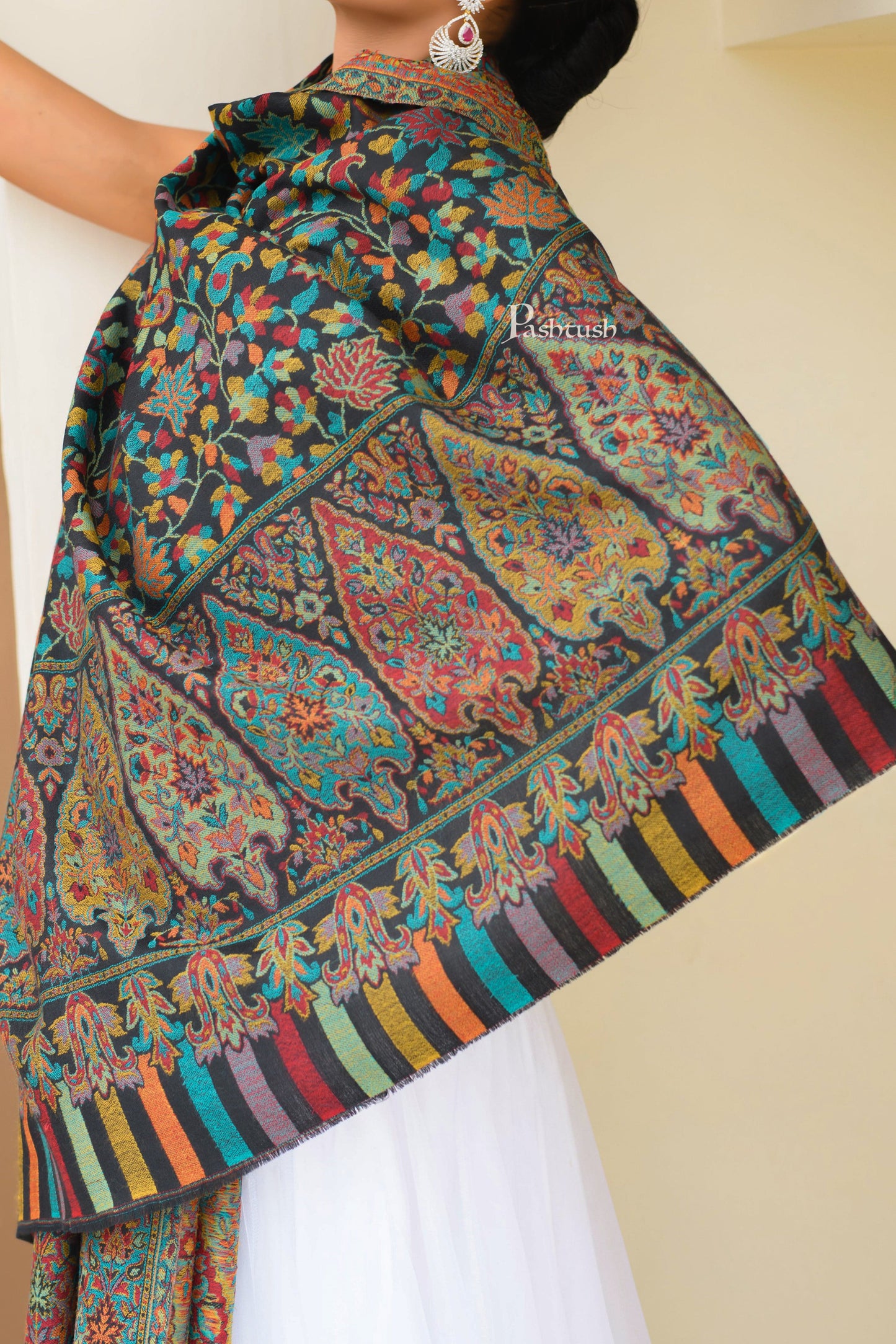 Pashtush India Womens Shawls Pashtush Womens Extra Fine Wool Shawl, Soft, Ethnic Weave Design Design, Black