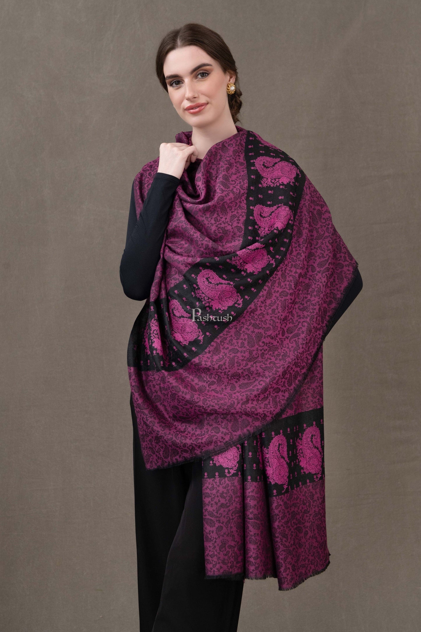 Pashtush India Womens Shawls Pashtush Womens Extra Fine Wool Shawl, Soft Tone On Tone Embroidery Design, Maroon