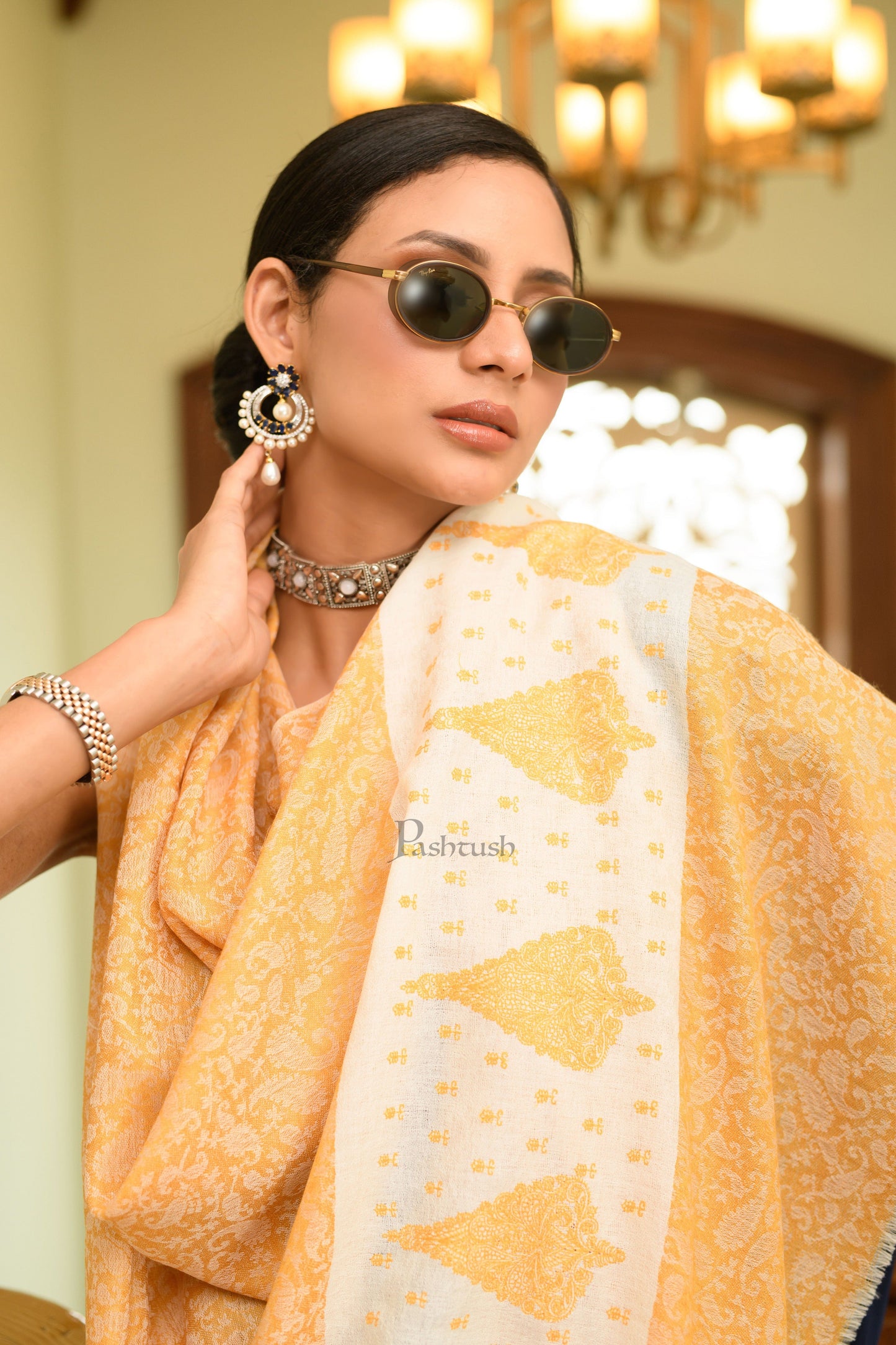 Pashtush India Womens Shawls Pashtush Womens Extra Fine Wool Shawl, Soft Tone On Tone Embroidery Design, Mustard