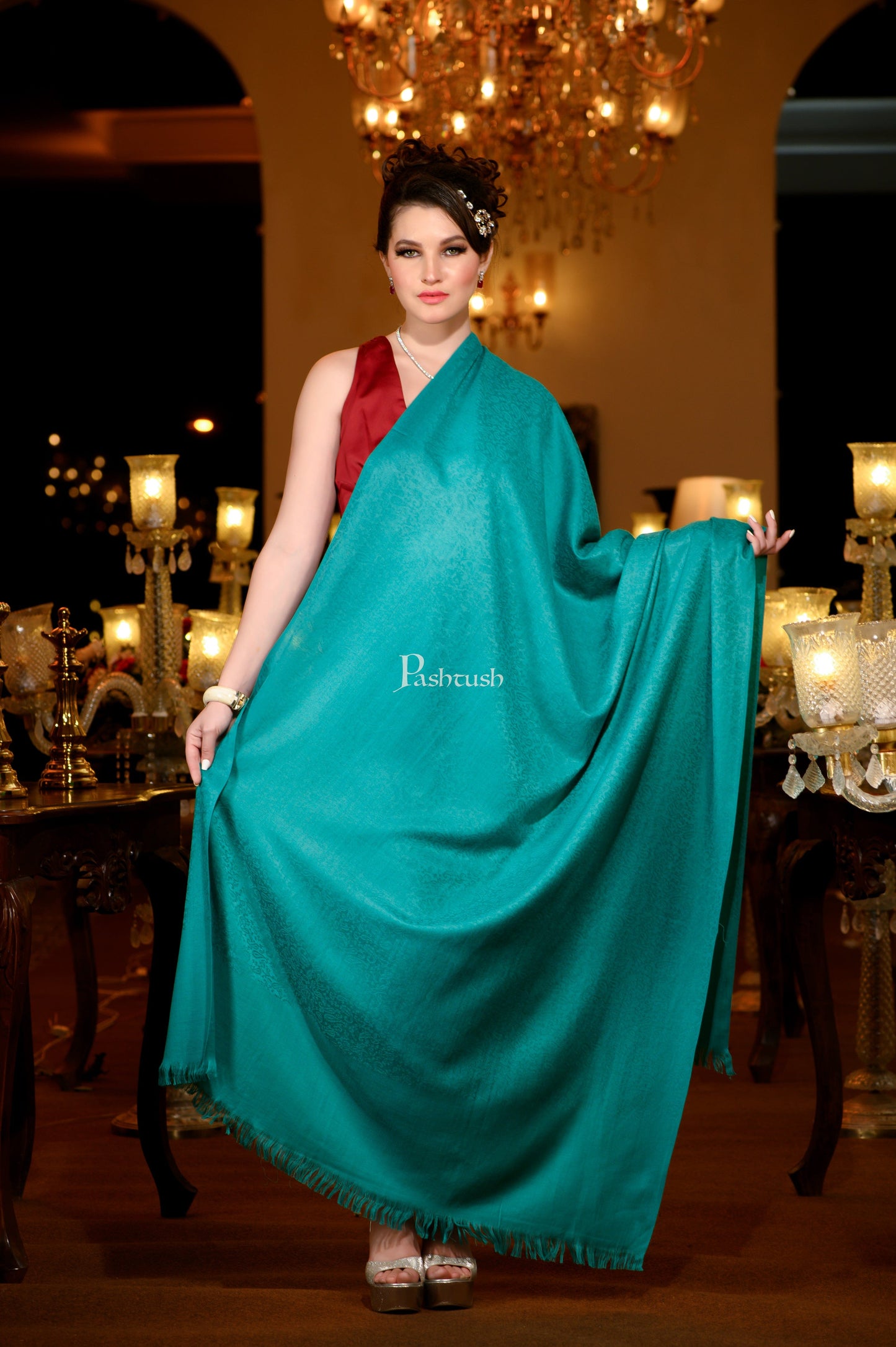 Pashtush India Womens Shawls Pashtush Womens Extra Fine Wool Shawl, Solid Arabic Sea Green