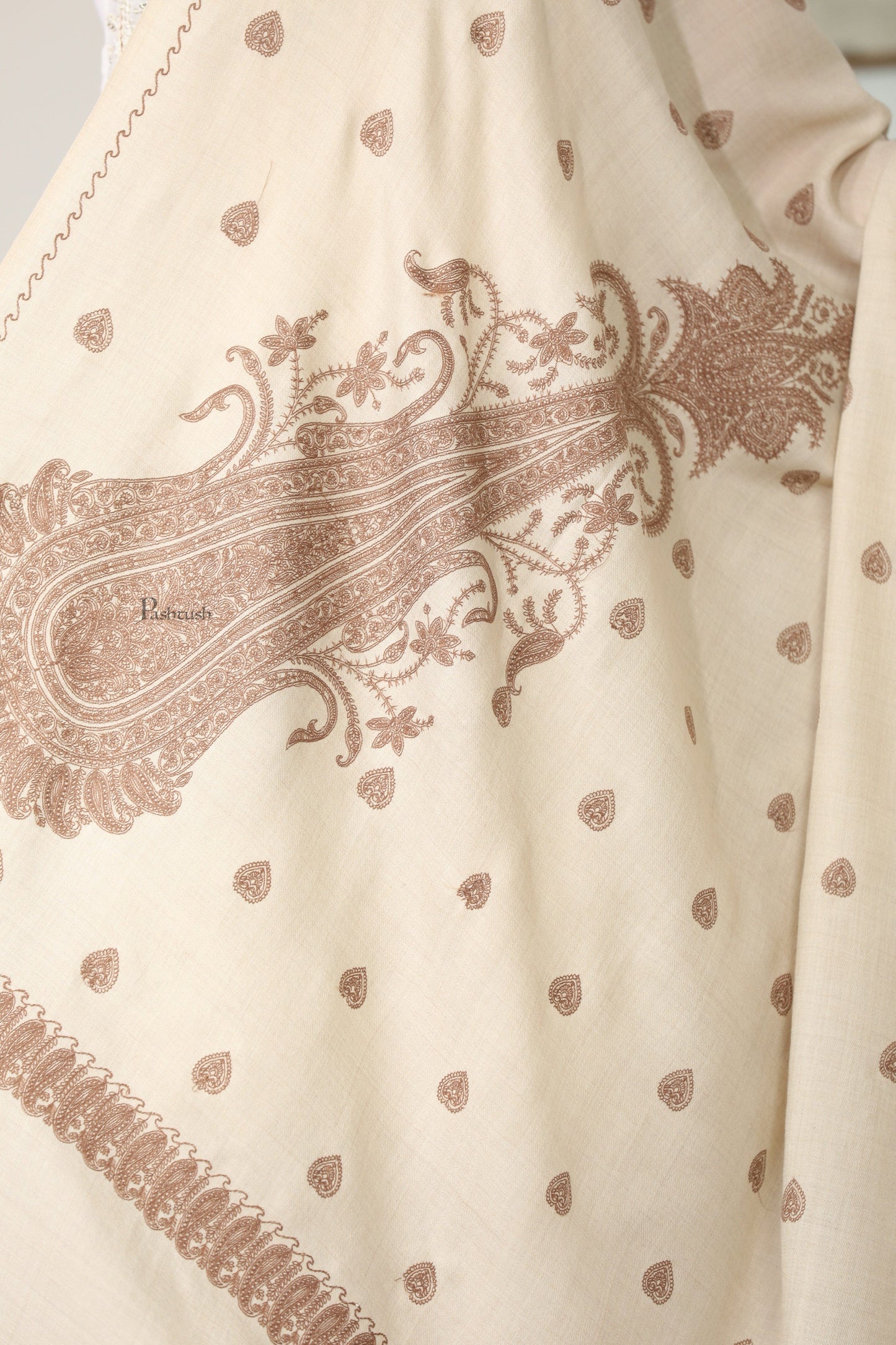 Pashtush India Womens Shawls Pashtush Womens Extra Fine Wool Shawl, Tone And Tone Ambi Design, Ivory