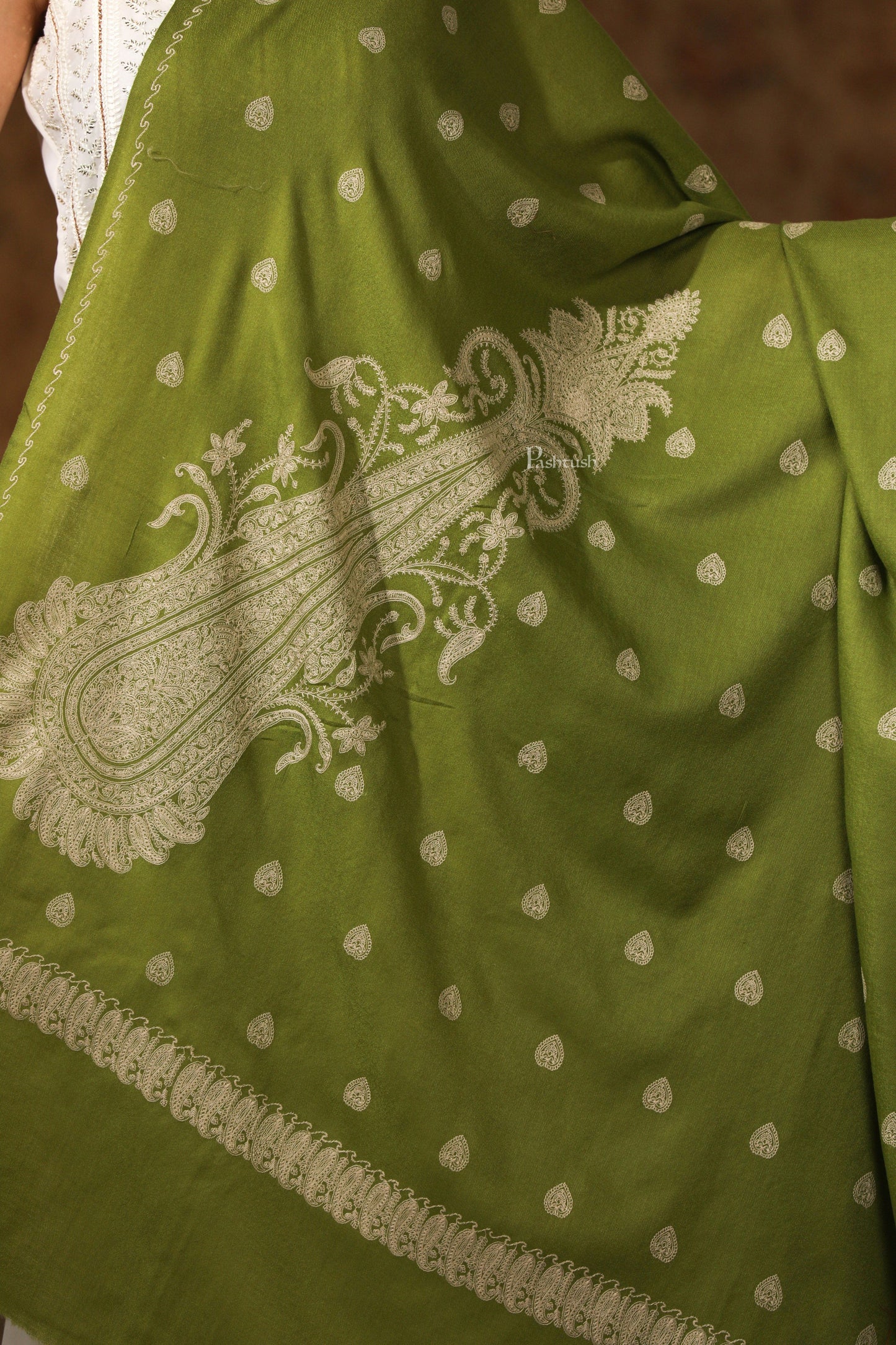 Pashtush India Womens Shawls Pashtush Womens Extra Fine Wool Shawl, Tone And Tone Ambi Design, Olive Green