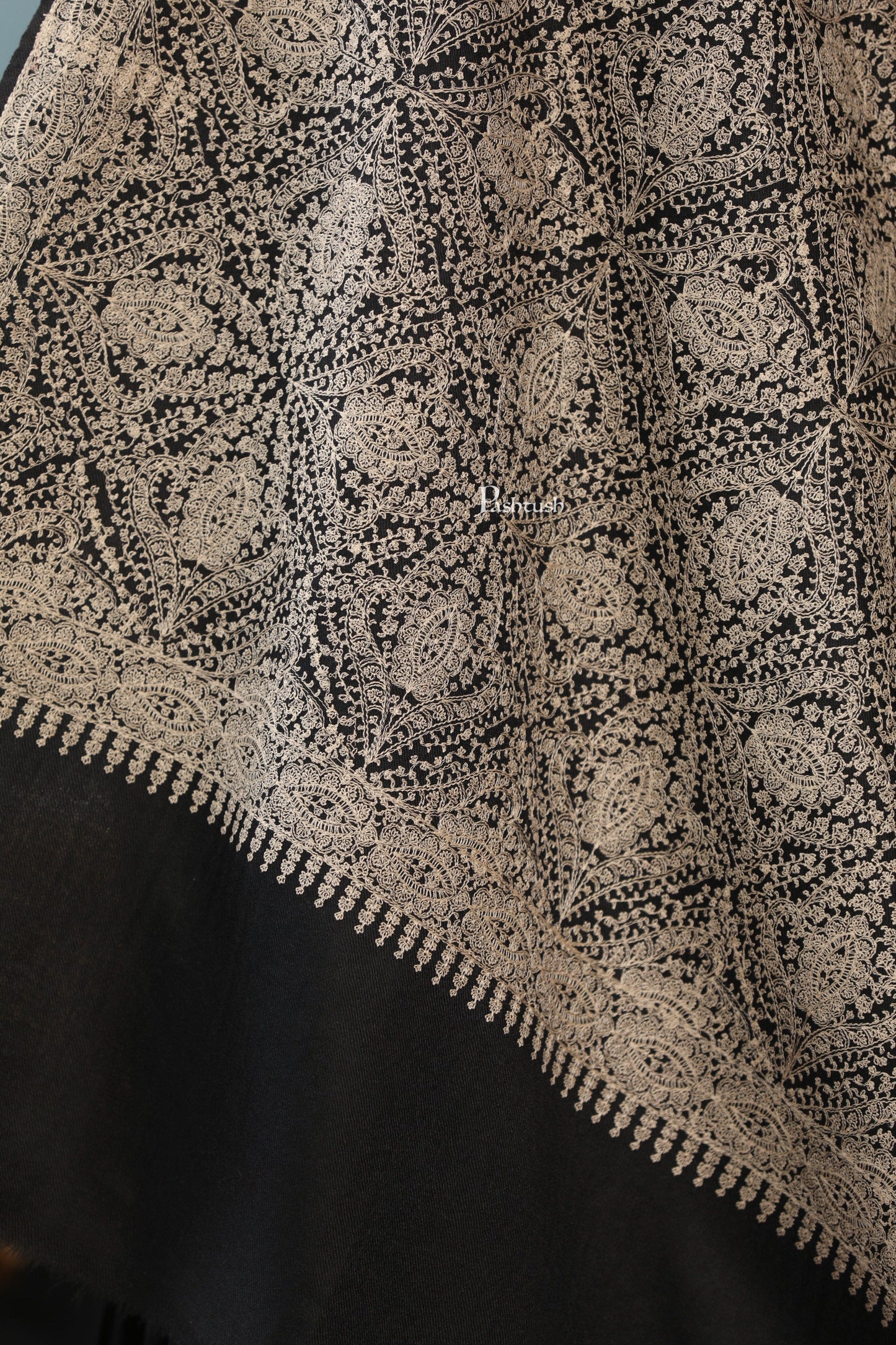 Pashtush India Womens Shawls Pashtush Womens Extra Fine Wool Shawl, Tone And Tone Jaal Design, Black